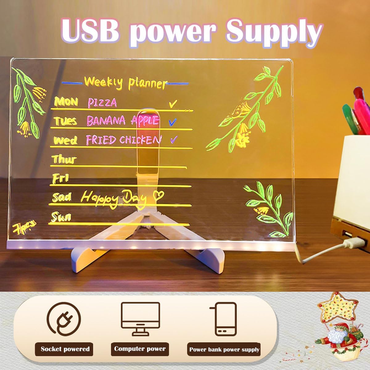 LED Drawing Board, Light Up Erasable Acrylic Message Board with Night Light, Neon Writing Tablet with Adjustable Stand & 12 Color Pens for Kids, Office, and Home Decor (5.9 * 5.9in)