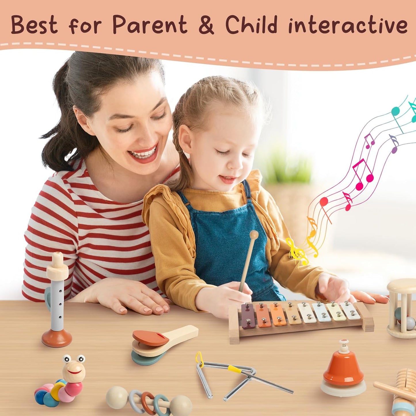 Toddler Musical Instruments Set, Montessori Baby Wooden Toys for Toddlers 1-3, Percussion Instruments for Kids with Xylophone, Neutral Colors Preschool Music Toys