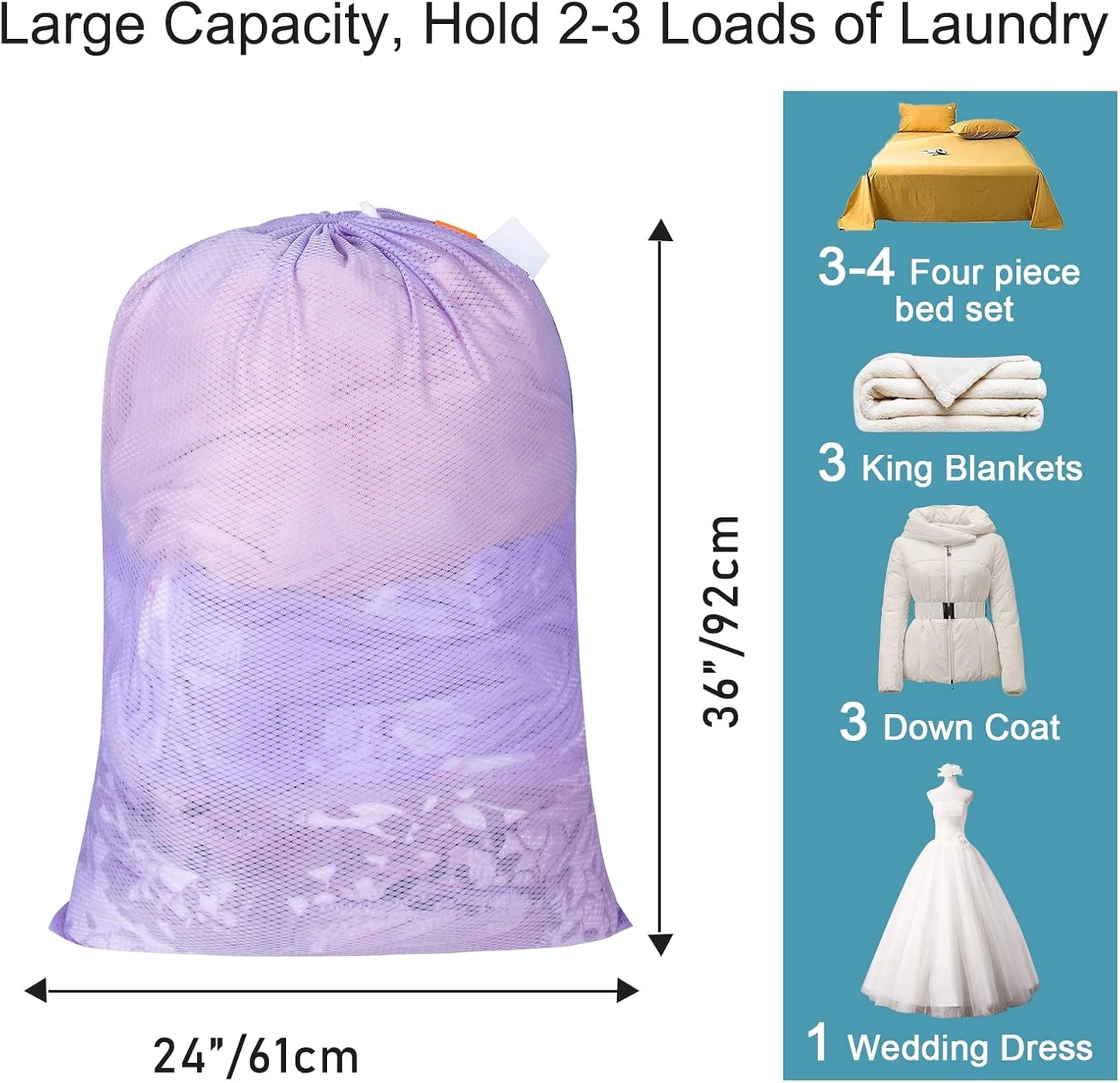 Polecasa Heavy Duty Diamond Large Mesh Laundry Bag with ID Tag and Locking Drawstring Closure - 24 x 36 inches - Laundry Hamper Liner, Washable Laundry Bags for Travel, Sports, Dorms (Purple)