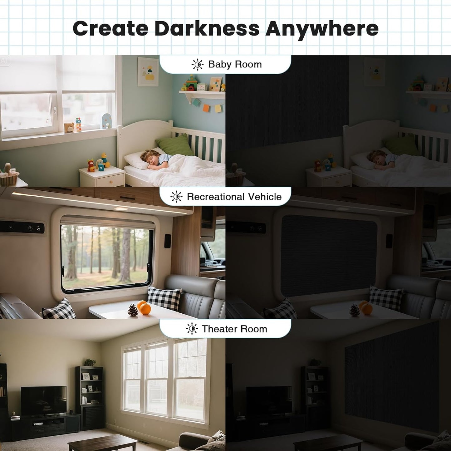 Temporary Blackout Curtains 40" x 57", 100% Blackout Shades for Window, Portable Black Out Blinds with Hook & Loop Stickers, No Drill, UV Protect Black Out Window Shades for Baby Travelers Bedroom