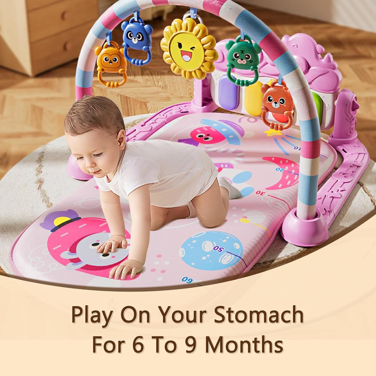 Alive Lovely Baby Gyms Play Mats, Musical Activity Center Baby Piano Gym Mat, Music and Lights Tummy Time Padded Mat for Newborn Newborn 0 to 3 6 9 12 Months