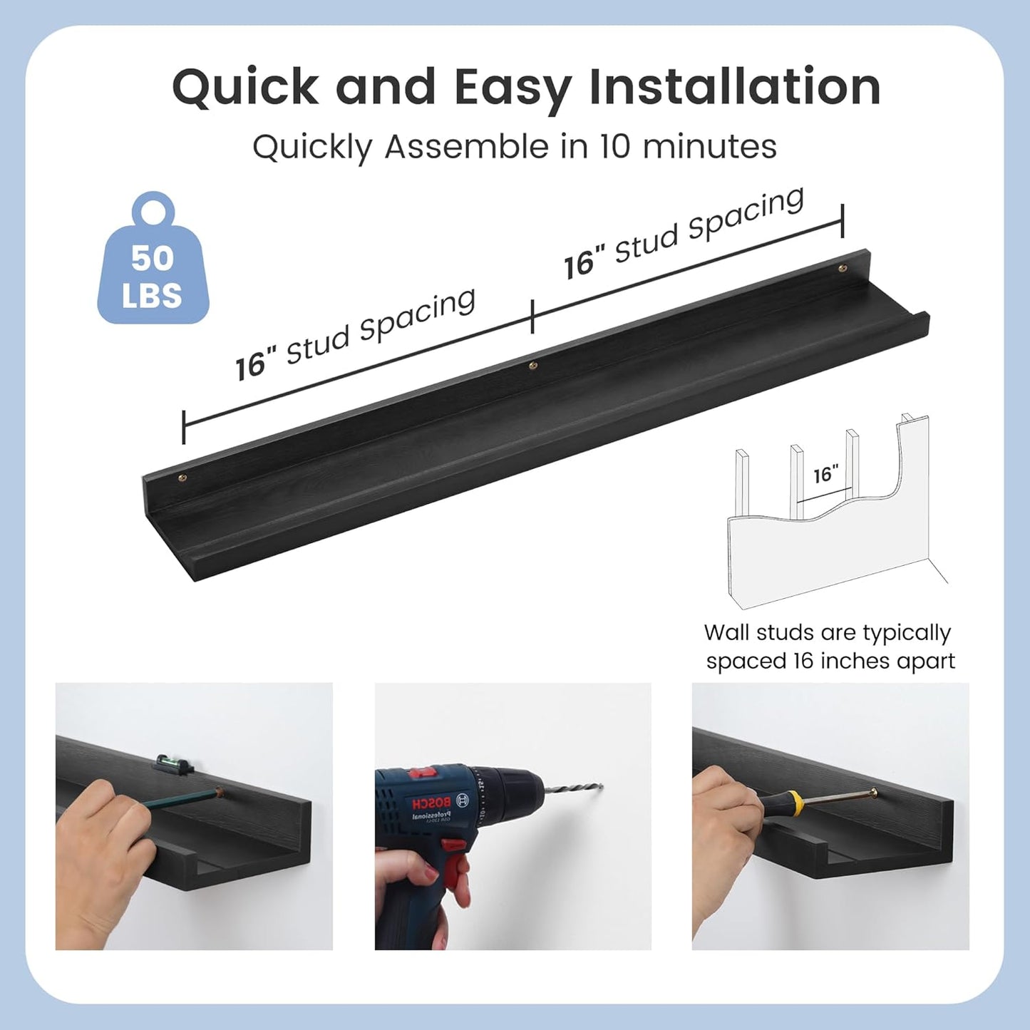 Picture Ledge Shelf for Wall, 36 inch Solid Pine Wood Nursery Book Shelves 2 Packs, Floating Ledge Shelves for Kids' Room Bedroom Bathroom Living Room Photo Frames Office Nursey Wall Decor, Black