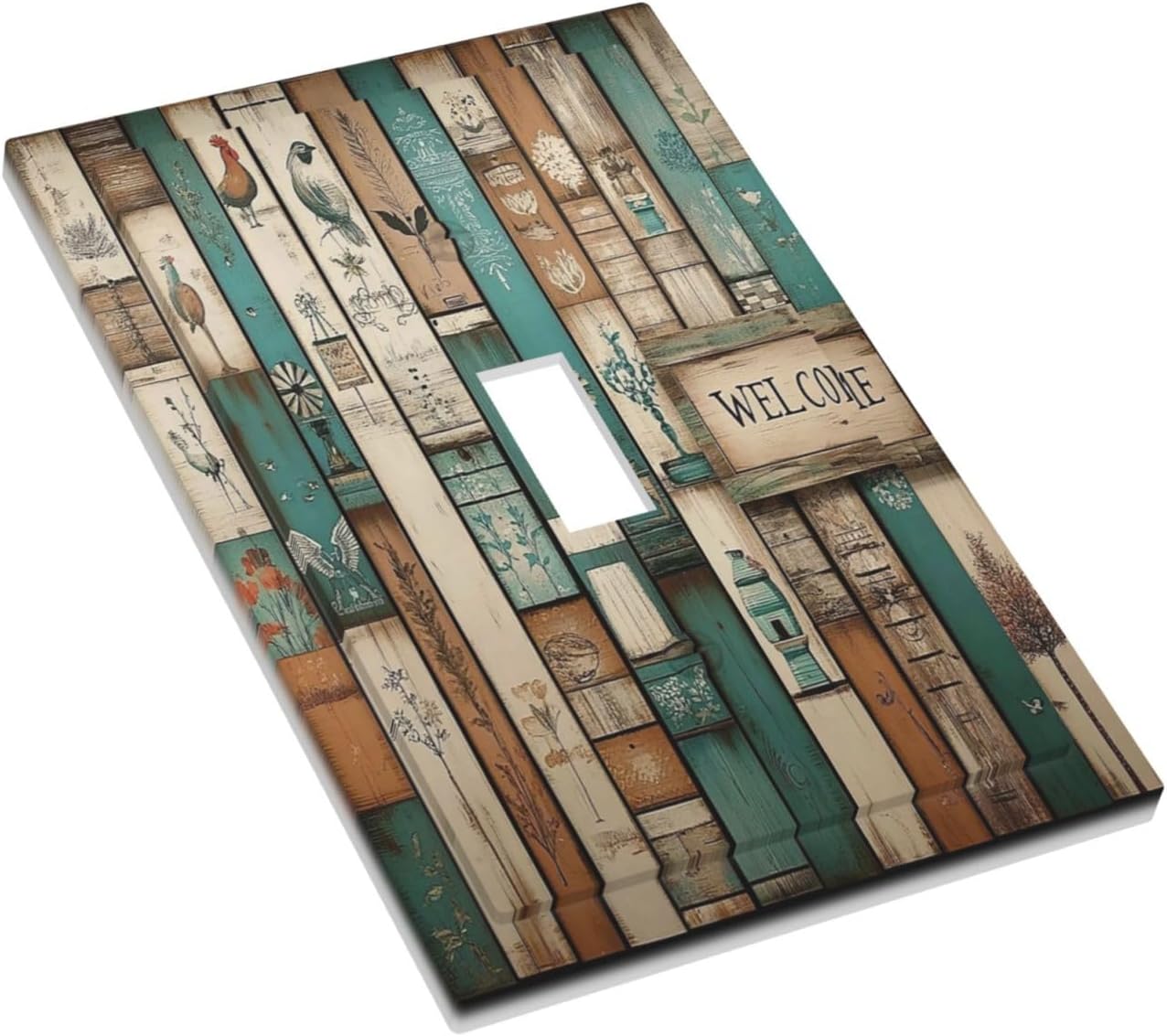 Decorative Light Switch Cover Vintage Wood Brown Turquoise Splicing 1 Gang Single Toggle Device Electrical Faceplate Switchplates Decorator Outlet Wall Plate For Farmhouse Cabin Decor