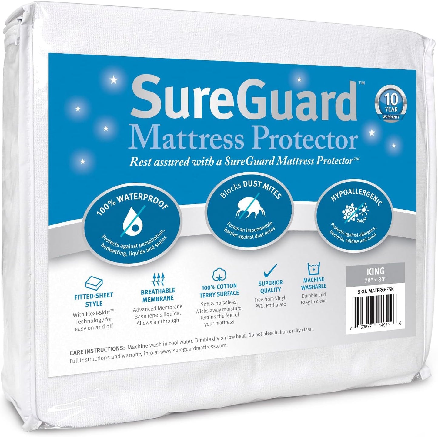 SureGuard King Size Mattress Protector - 100% Waterproof, Hypoallergenic - Premium Fitted Cotton Terry Cover White