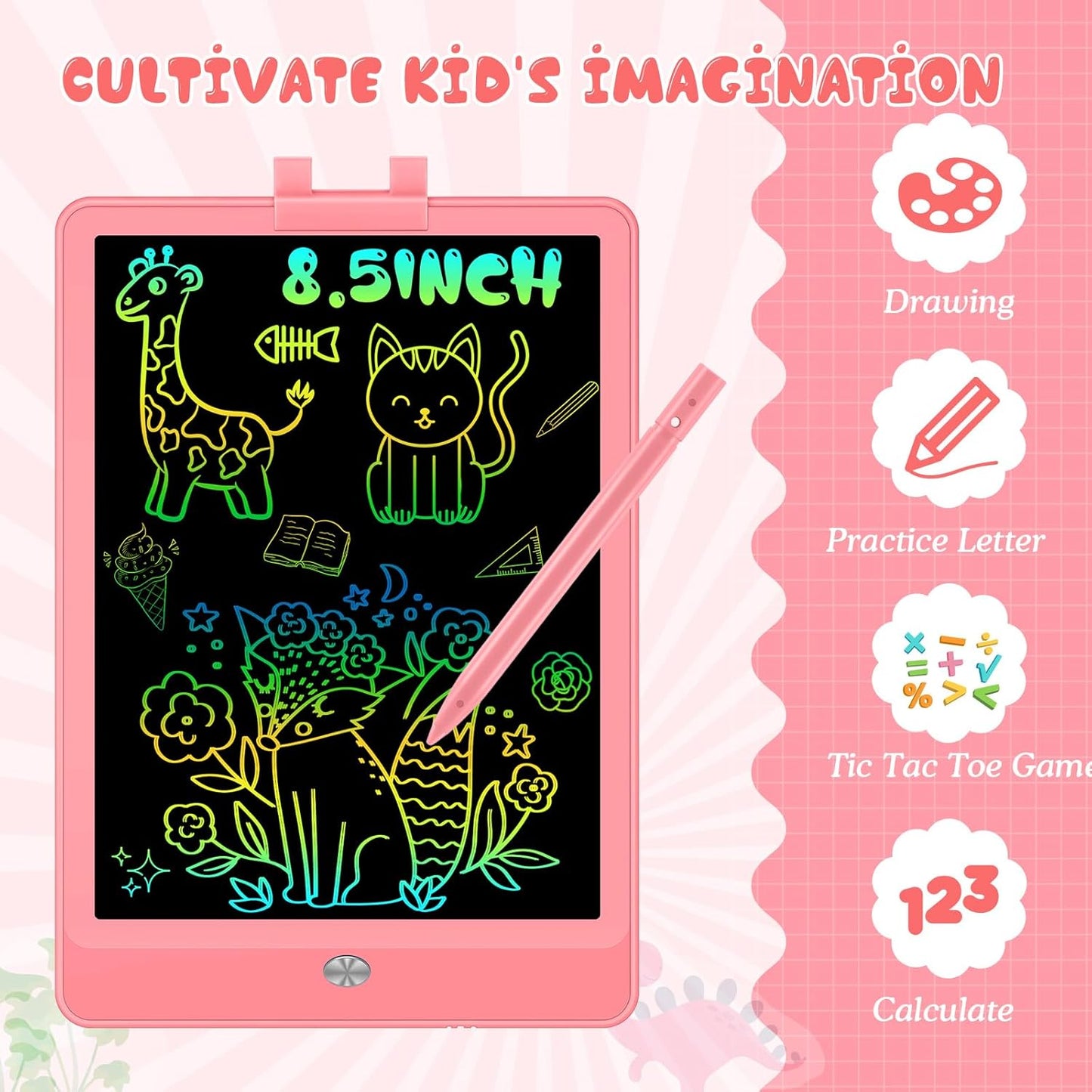 Decute Kids Toys LCD Writing Tablet with Stylus, 8.5 Inch Erasable Toddlers Doodle Board, Reusable Drawing Pad for Kids, Educational Christmas Birthday Gift for 3 4 5 6 7 8 Girls Boys Toddler Pink