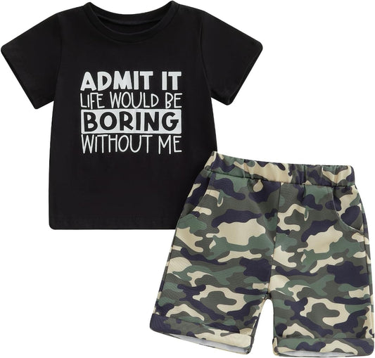 wdehow Toddler Kids Baby Boy Summer Clothes Sets 1T 2T 3T 4T 5T Letter Print Short Sleeve Tops Camouflage Shorts Outfits