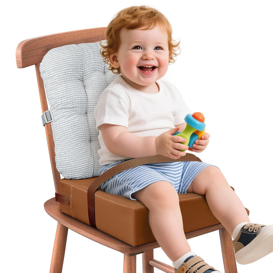 Booster Seat for Kitchen Chair with Comfy Backrest and Adjustable Safety Buckles,Non-Slip Kid Toddler Booster Seat for Dining Table,Portable PU Travel Baby Booster Increasing Cushion Chair