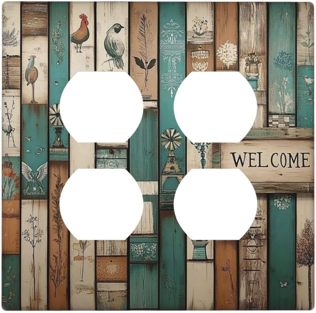 Outlet Covers Vintage Wood Brown Turquoise Splicing 2 Gang Double Duplex Decorative Light Switch Covers Electrical Wallplates Socket Faceplate For Farmhouse Cabin Decor