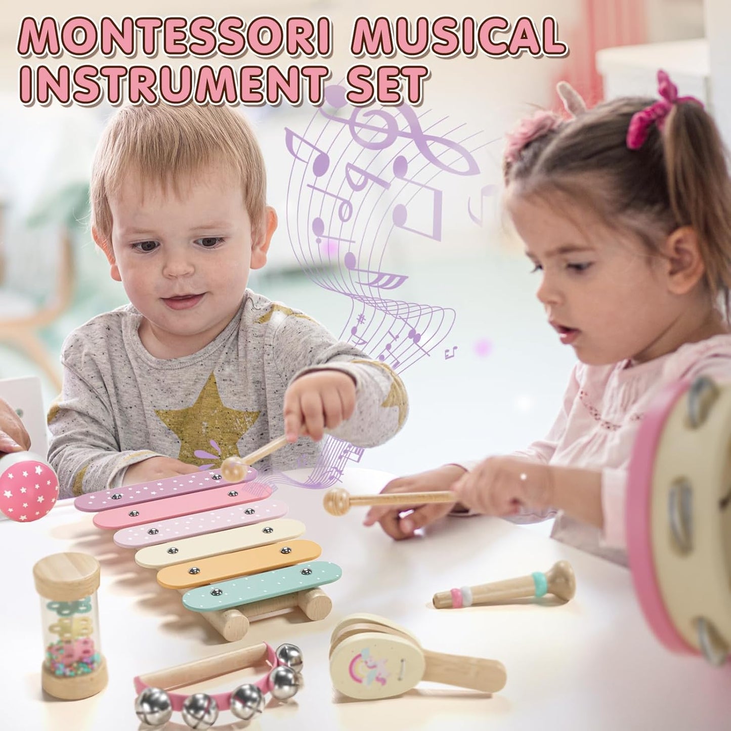 Baby Musical Instruments for Toddlers 1-3, Montessori Wooden Toys for 1 Year Old, Xylophone Maracas Percussion Set with Storage Bag, Learning Toys for Boys Girls Age 2-4, Christmas Birthday Gift, Pink