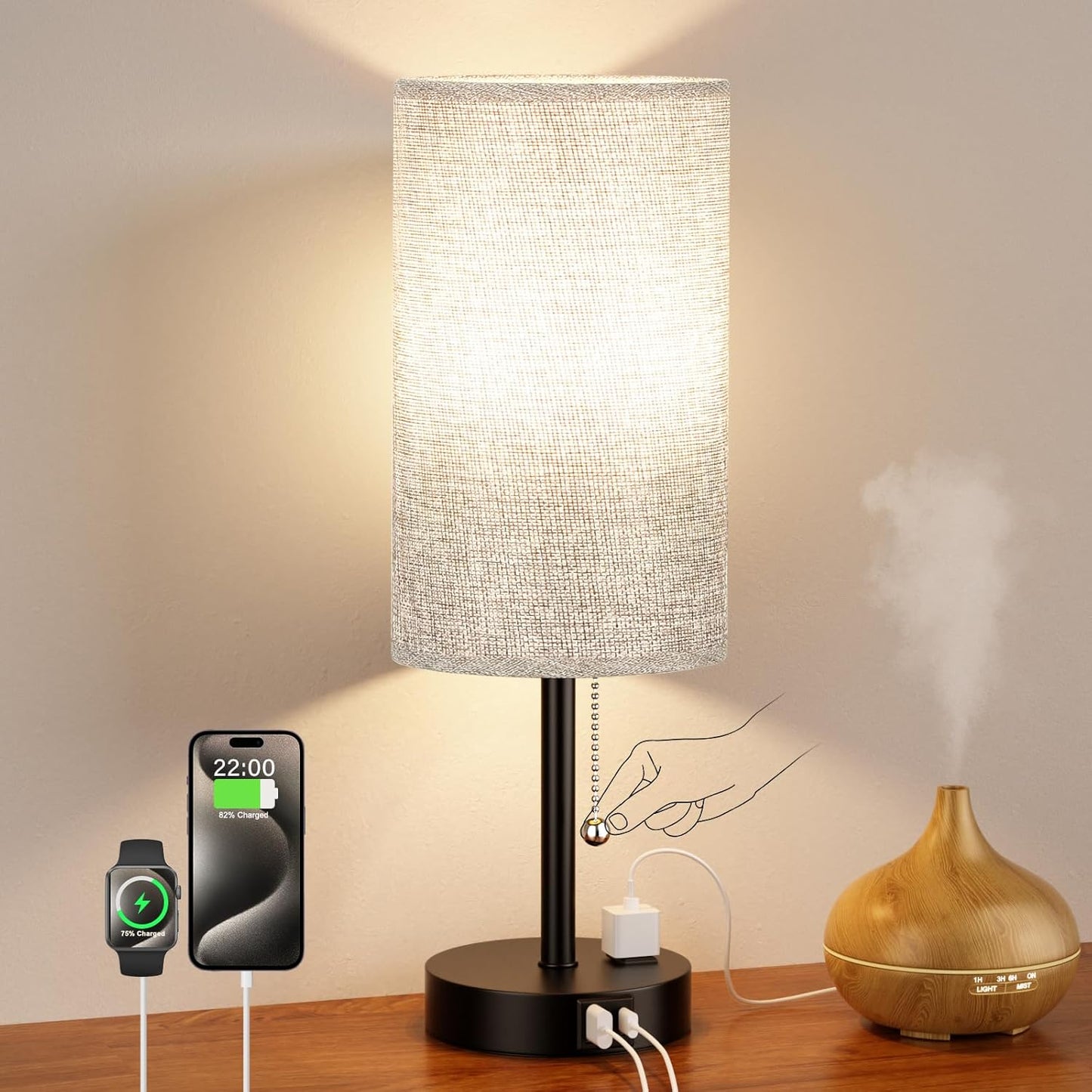 17.4Inches Grey Bedside Lamp for Bedroom Nightstand - Tall Table Lamp with USB A + C Charging Port & AC Outlet, 3 Color Temperatures Pull Chain Light, Side Table Desk Reading Lamp for Living Room