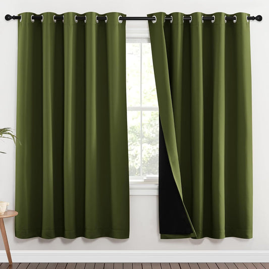 NICETOWN 100% Blackout Window Curtain Panels, Olive Green, 2 Pieces, 70-inch Wide Per Panel, Full Light Blocking Drapes with Black Liner for Nursery, 72-inch Drop Thermal Insulated Draperies