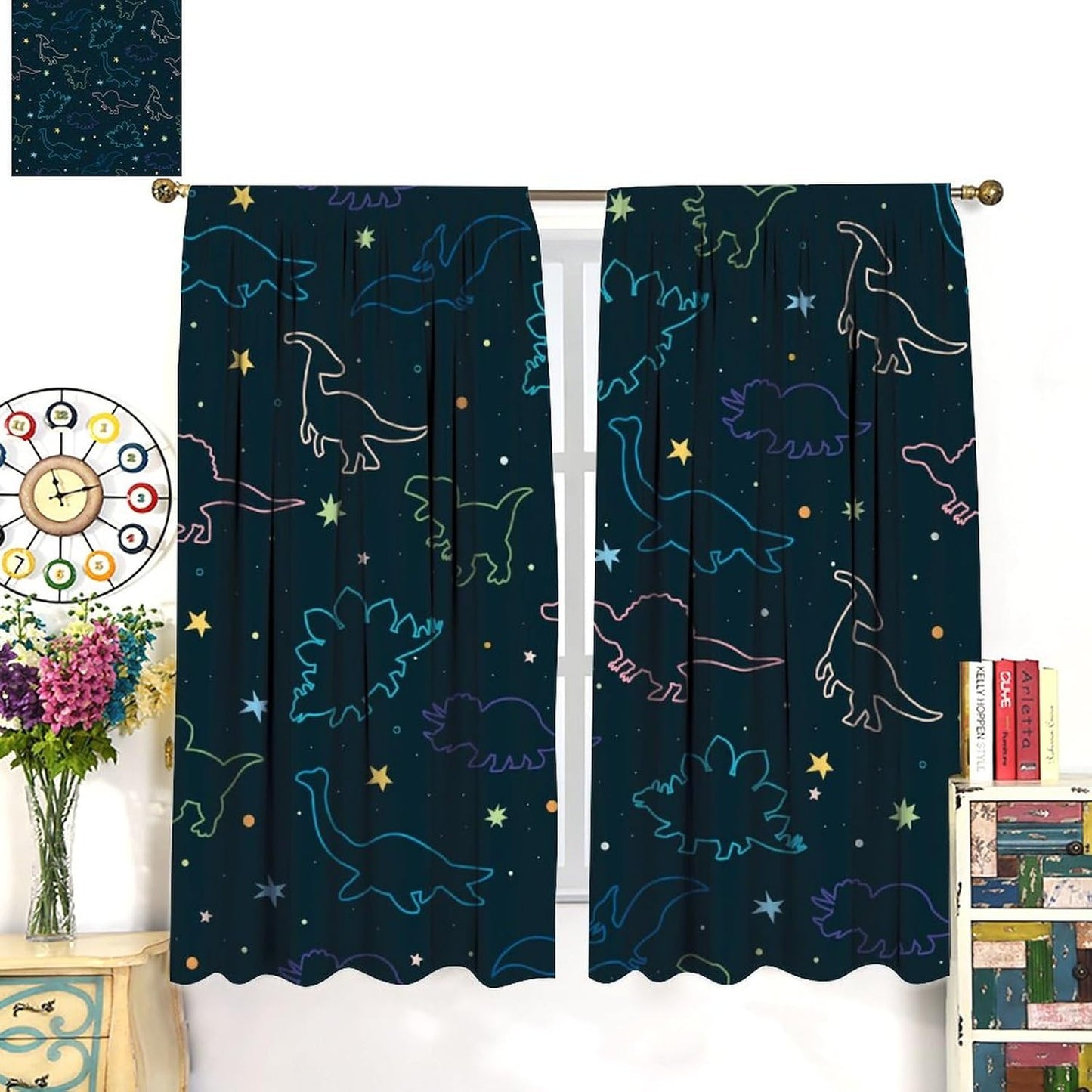 Cartoon Colorful Dinosaur Curtains for Kids Boys Girls Home Decor, Astronaut Funny Outer Space Star Blackout Rod Pocket Window Drapes for Bedroom Living Room W21xL45in 2 Panels