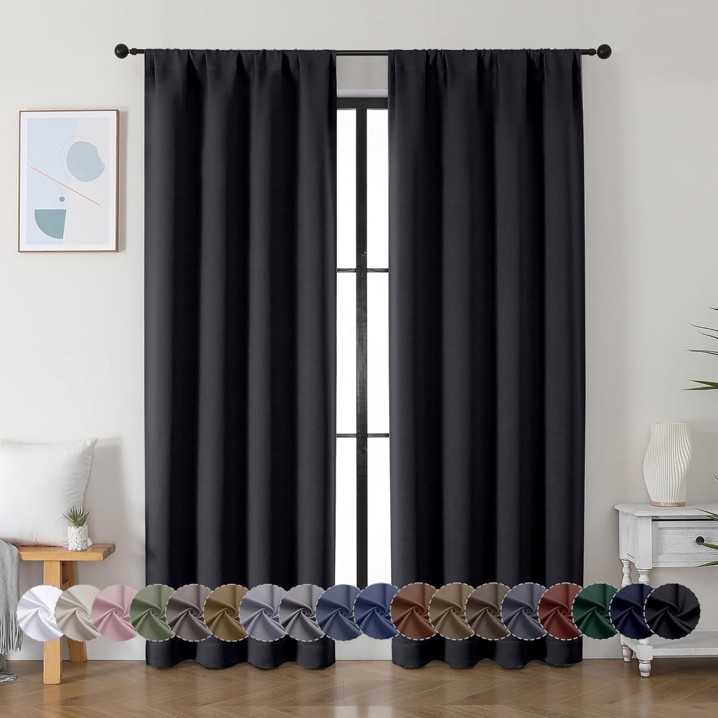 Simplebrand Ava Halloween Black Blackout Curtains for Bedroom 84 Inch Length 2 Panels Set, Solid Thermal Insulated Privacy Living Room Window Treatment Curtains Blackout Drapes, W40 x L84 Inch, Black