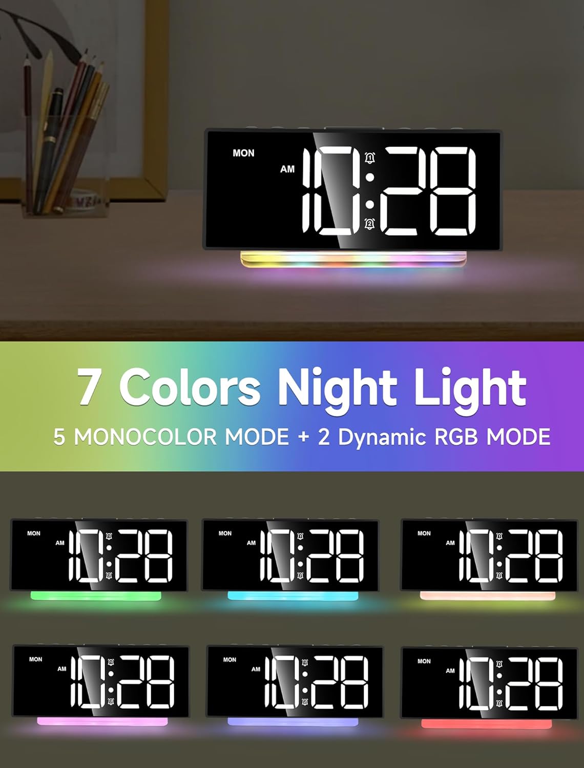 Cadmos Extra Loud Alarm Clock for Heavy Sleepers Adults,Teens,Kids,Rainbow Clock for Bedrooms,Small Bedside Digital Clock with Large Display,7 Color Night Light,12/24h(Black+Dynamic)