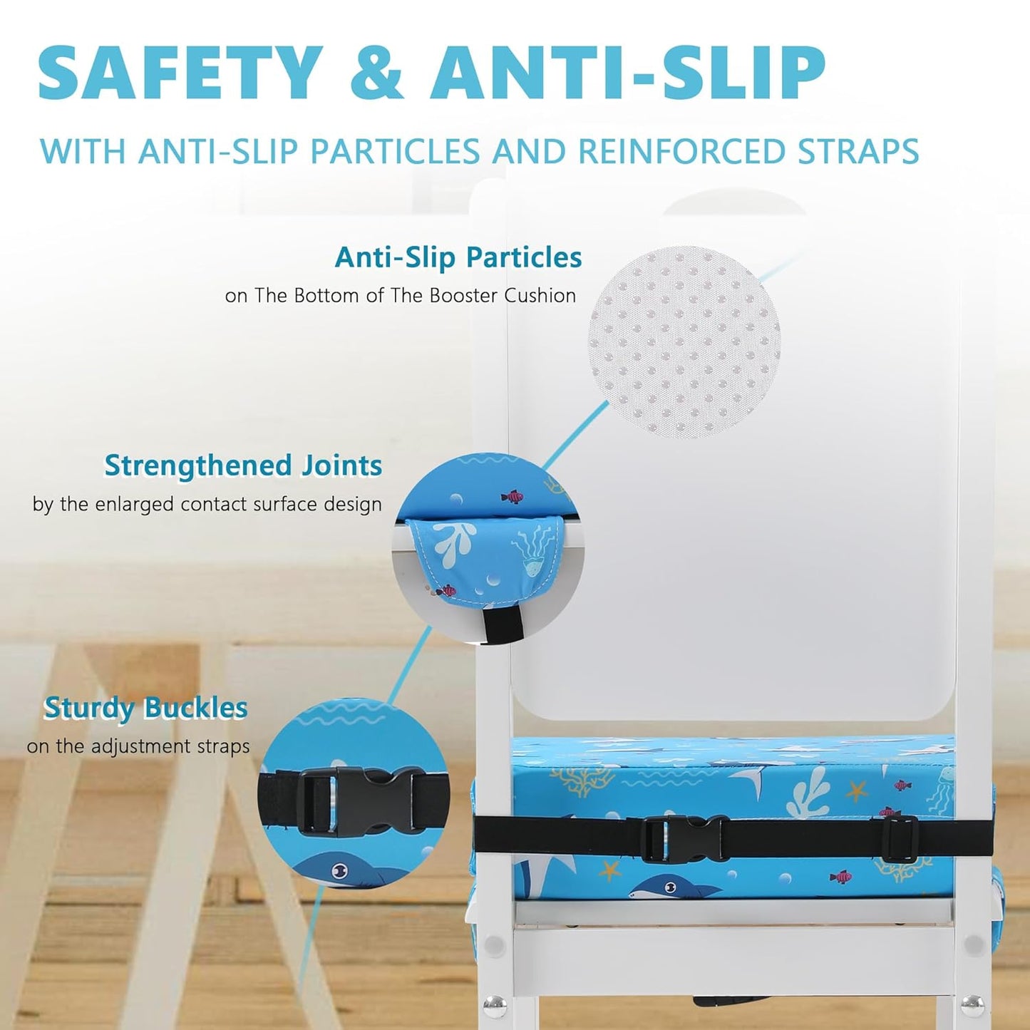 Booster Seat for Kitchen Chair with Adjustable Straps, Toddler Booster Seats for Dining Table Portable for Travel Camping Eating, Booster Cushion for Table for Baby Child Infant Kid Boy Girl