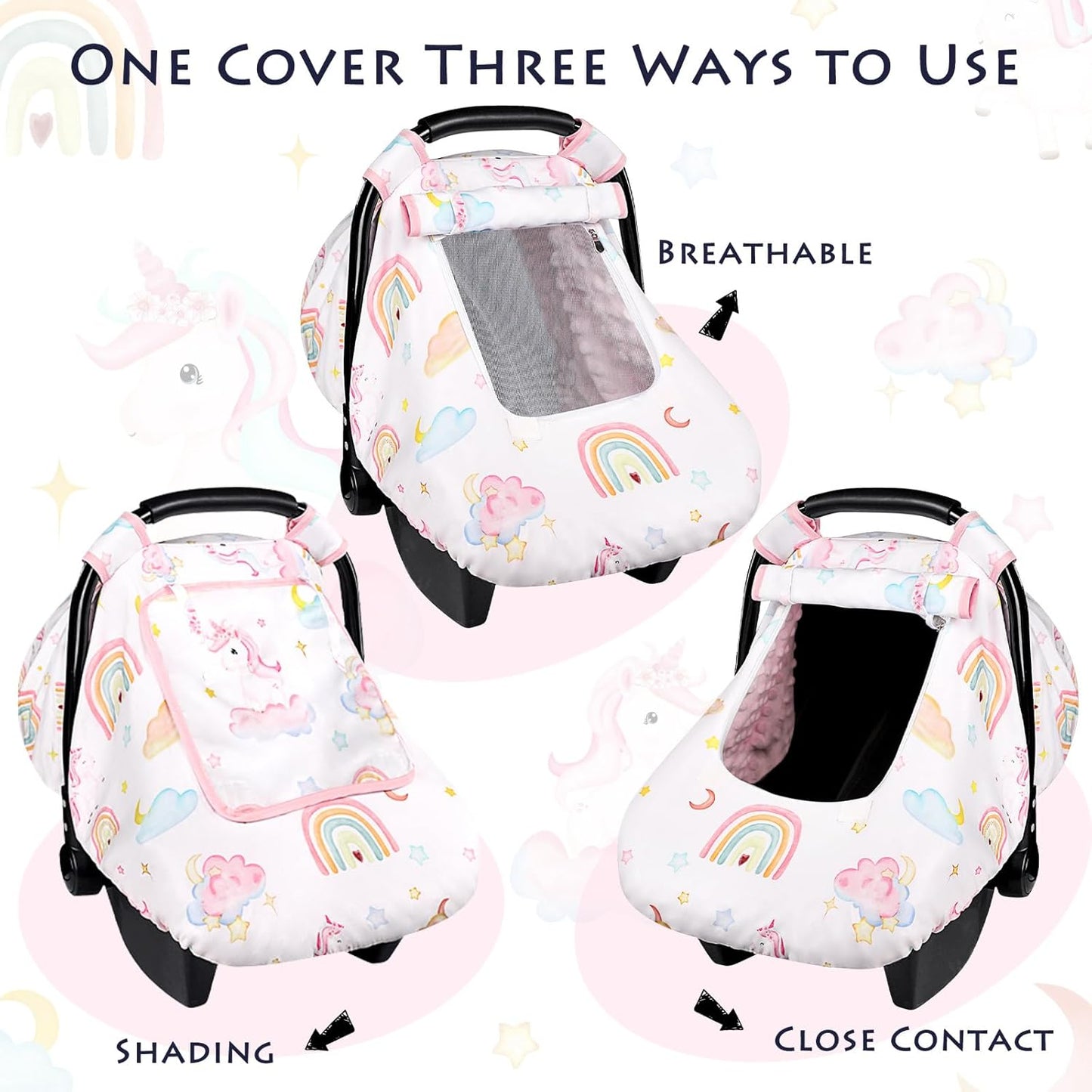 Baby Carseat Cover Girls, Pea Pod Unicorn Infant Car Seat Covers Canopy for Newborn with 2 Layers Windows of Breathable Mesh/Fabric, Lightweight Polyester/Minky Dot Backing, Snug Fit