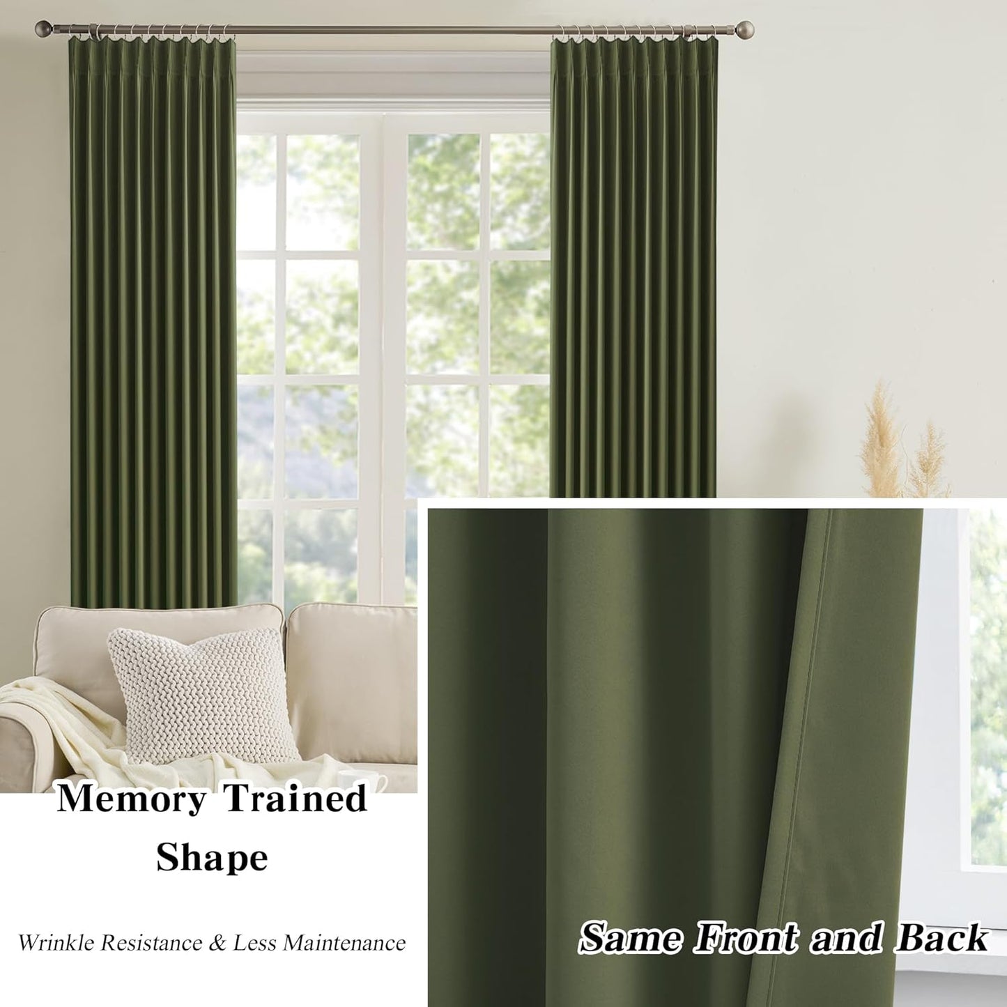 KEQIAOSUOCAI Olive Pinch Pleated Curtains 108 Inches Long, Blackout Energy Saving Curtain for Living Dining Room Light Blocking Window Draperies(Dark Olive,40x108,2 Panels)