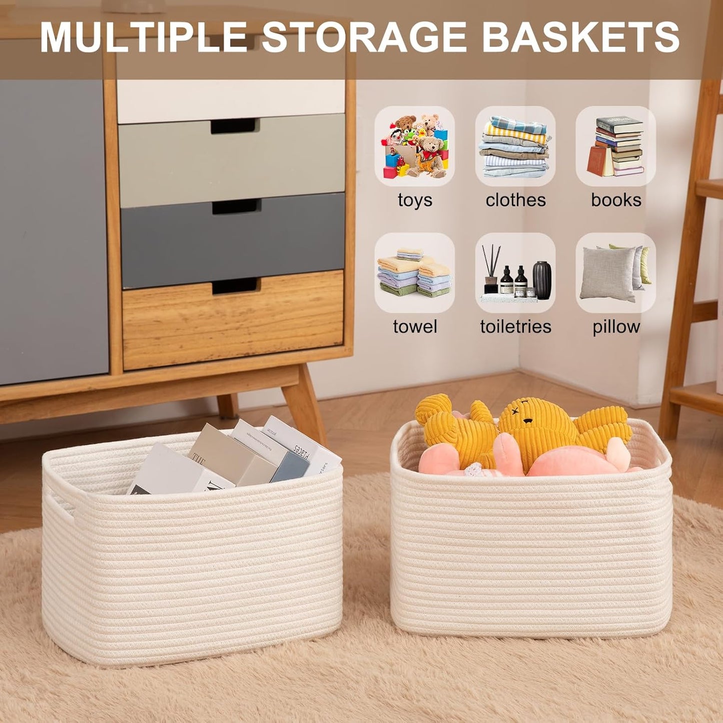 Storage Baskets for Organizing, Woven Decorative Baskets for Shelves - Books, Towels, and Clothes, Cotton Rope Toy Storage Bins, 12.7''Lx9''Wx7.8''H, Pack of 4, White