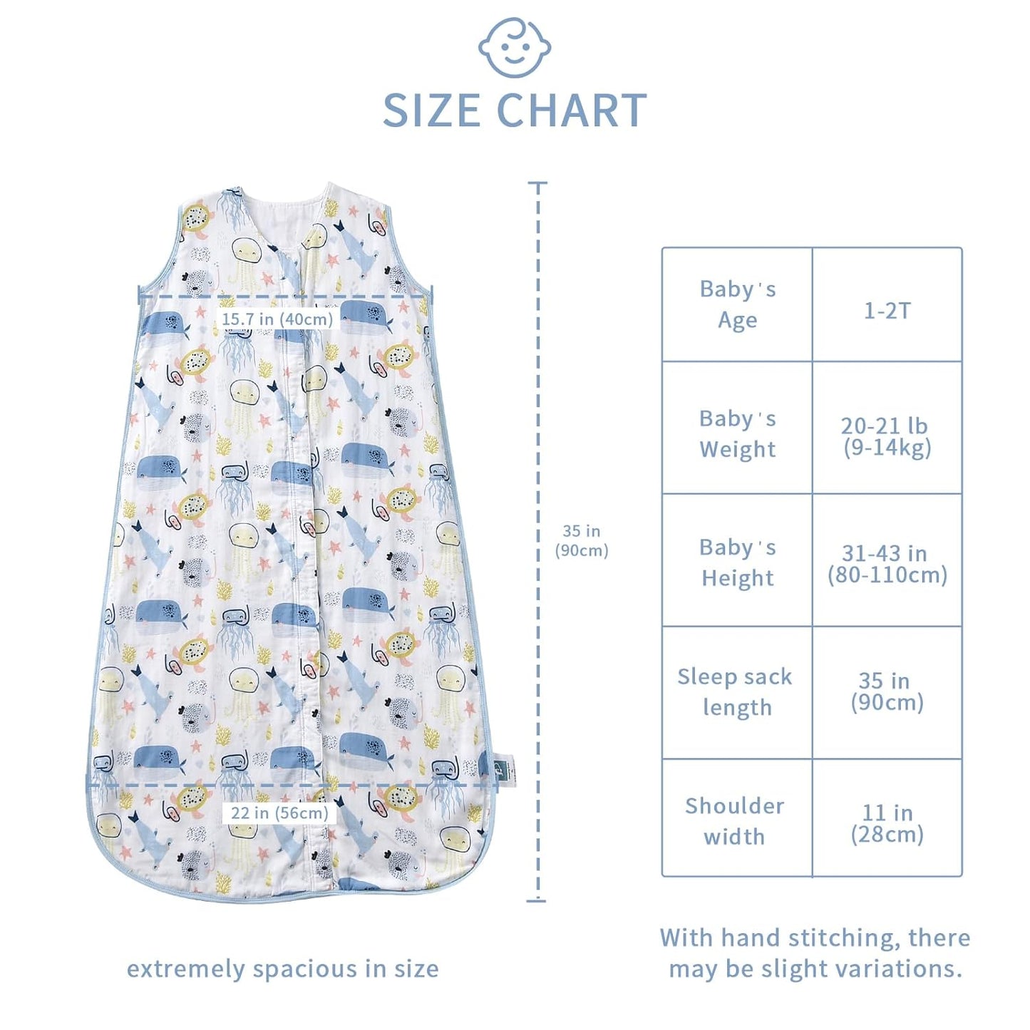 Baby Sleep Sack 1-2 T Baby Wearable Blanket 100% Organic Cotton 0.5 TOG Muslin Toddler Sleeping Sacks 2- Way Zipper Warm 12-24 Months