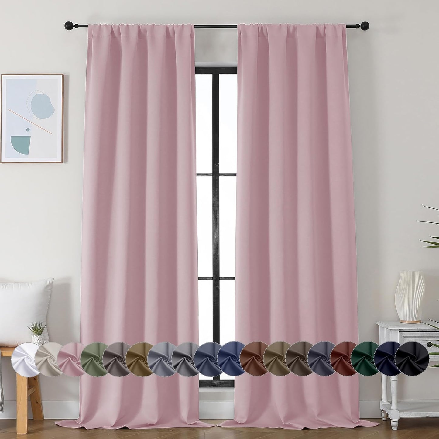 Simplebrand Ava Blush Blackout Curtains for Bedroom 90 Inches Long 2 Panels Set, Solid Privacy Energy Saving Nursery Window Treatment Curtains Blackout Drapes, W40 x L90 Inch, Blush