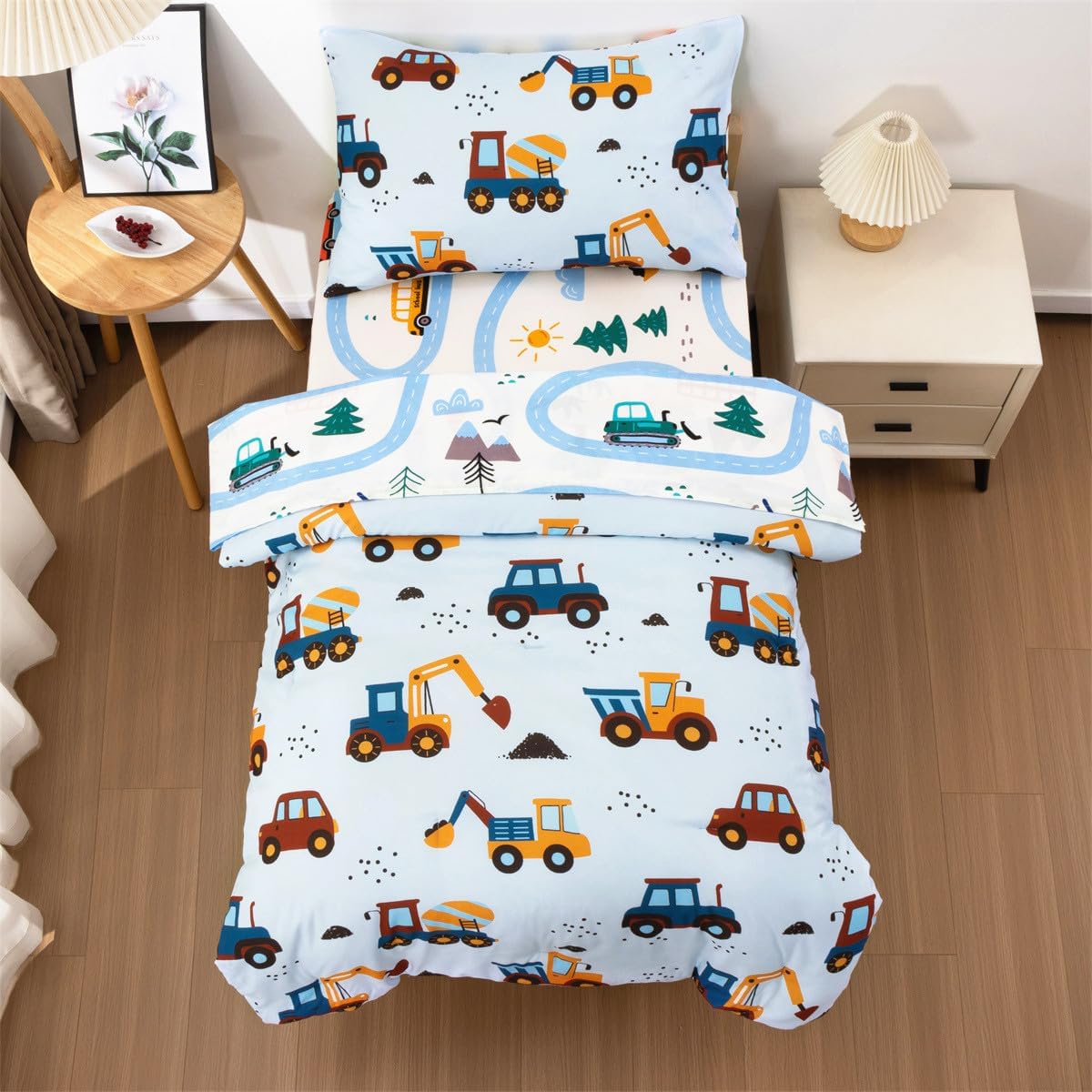 NTBED 4 Pieces Construction Truck Toddler Bedding Set for Baby Boys, Cartoon Vehicles Excavator Cars Printed, Includes Comforter, Flat Sheet, Fitted Sheet and Pillowcase,Light Blue