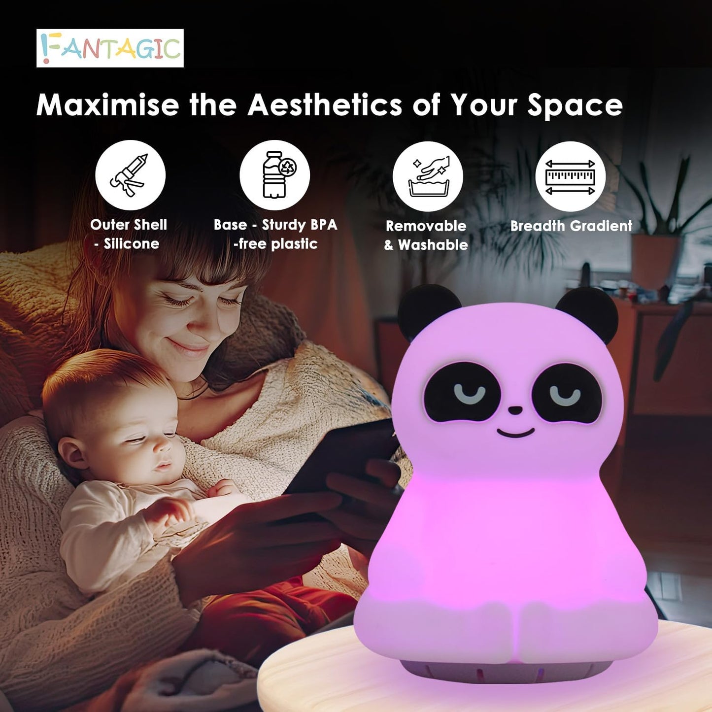 Combined Bluetooth Speaker & LED Nightlight With 9 Color Emissions, Child Friendly Silicone & BPA Free Monkey, USB Recharging, Receives Audio From Computer, Phone Or Tablet, Remote Control (Panda)