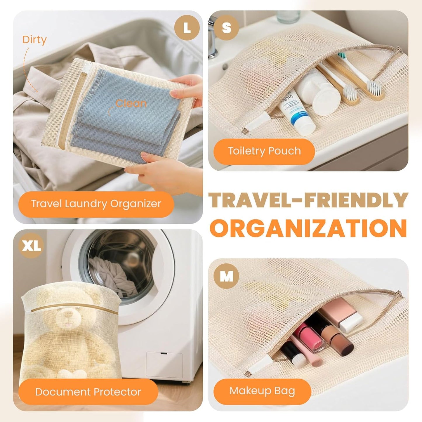 4Pcs Cotton Mesh Laundry Bags for Delicates,Breathable Mesh Garment Bag for Washing Machine, Travel Wash Bags with Zipper for Bras, Underwear, Socks, Clothes, Laundry Dorm Room Essentials(S-XL)