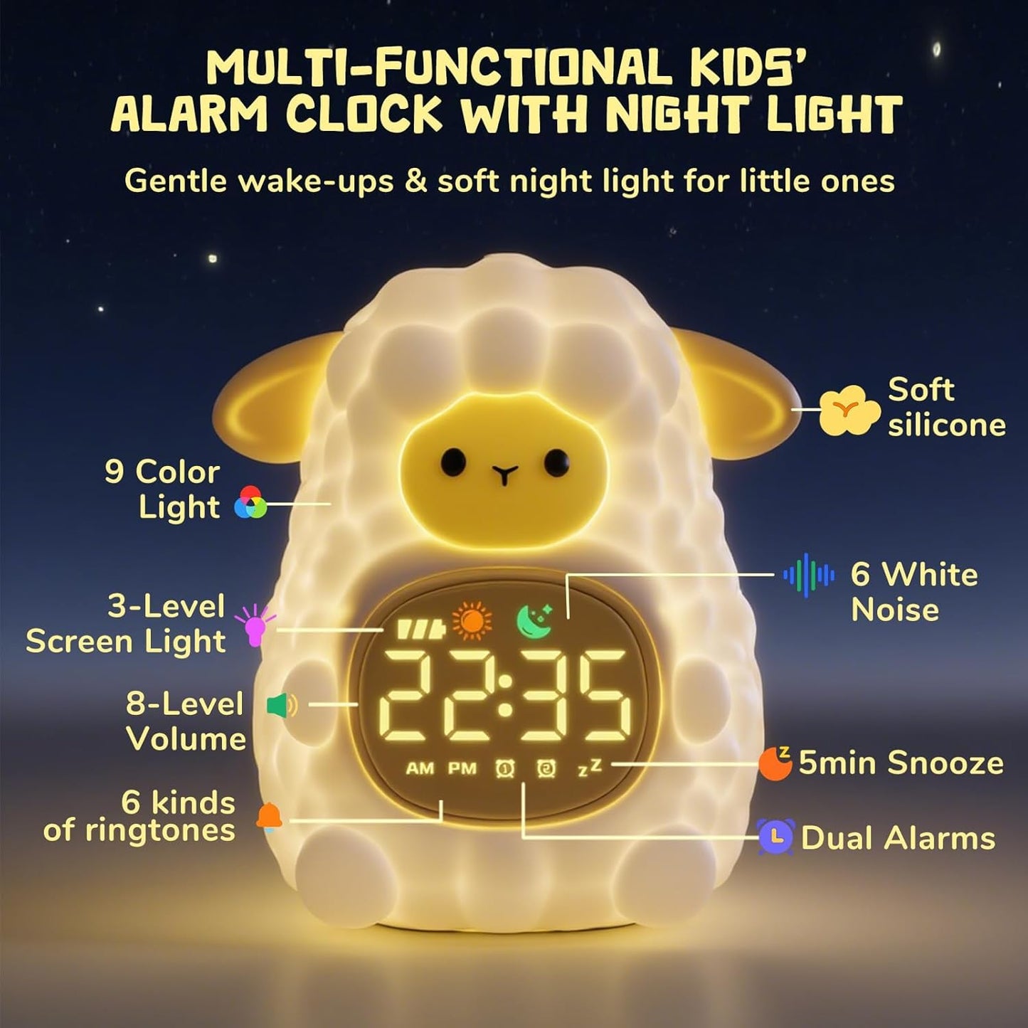 TCJJ Kids Sleep Training Alarm Clock with Night Light - OK to Wake Clock & Sound Machine, Rechargeable Silicone Animal Lamp for Boys Girls Bedroom