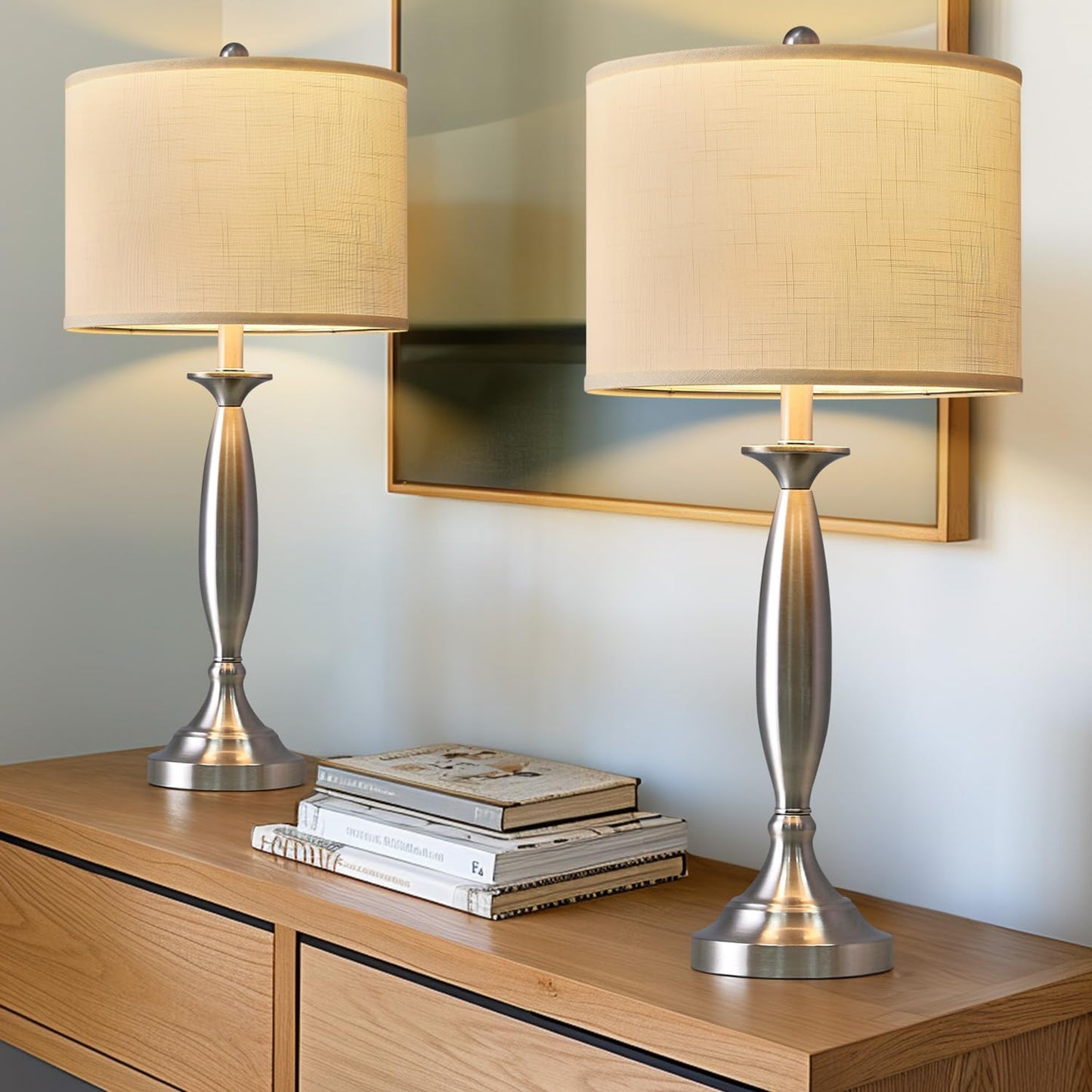 Oneach 27" Modern Table Lamps Set of 2 for Living Room Bedroom with USB A+ C Charging Port,Brushed Steel Bedside Lamps for Night Stands,Fabric Drum Shade Nightstand Lamp Light for End Tables Home