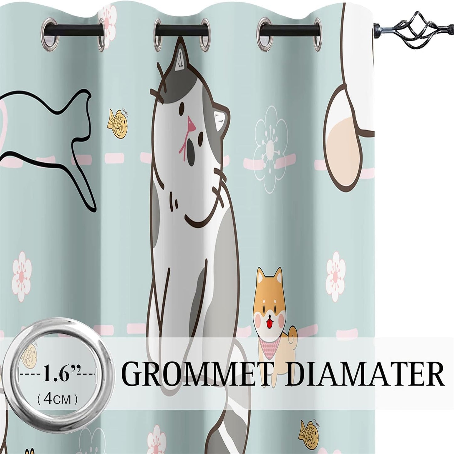 Lovely Cat Blackout Curtains 2 Panels 63" Inch Drapes for Kids Nursery Bedroom Kids Blackout Curtains Animal Themed Grommet Top Thermal Insulated Curtains for Nursery, 82 in x 63 in