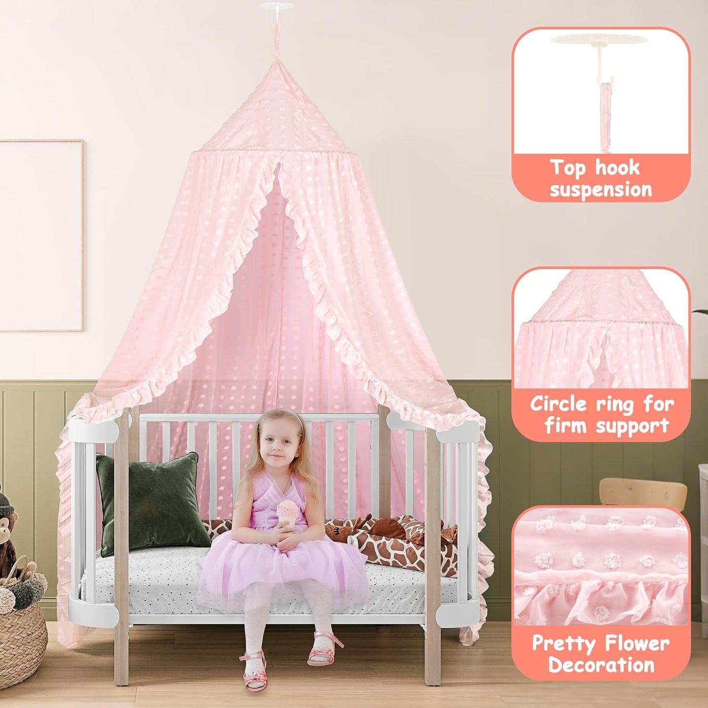 Princess Bed Canopy for Girls - Crib Canopy for Bed - Mosquito Net for Bed, Kids Bed Canopy with Princess Room Decor for Girls Bedroom,Children's Reading Room Decor (Pink)