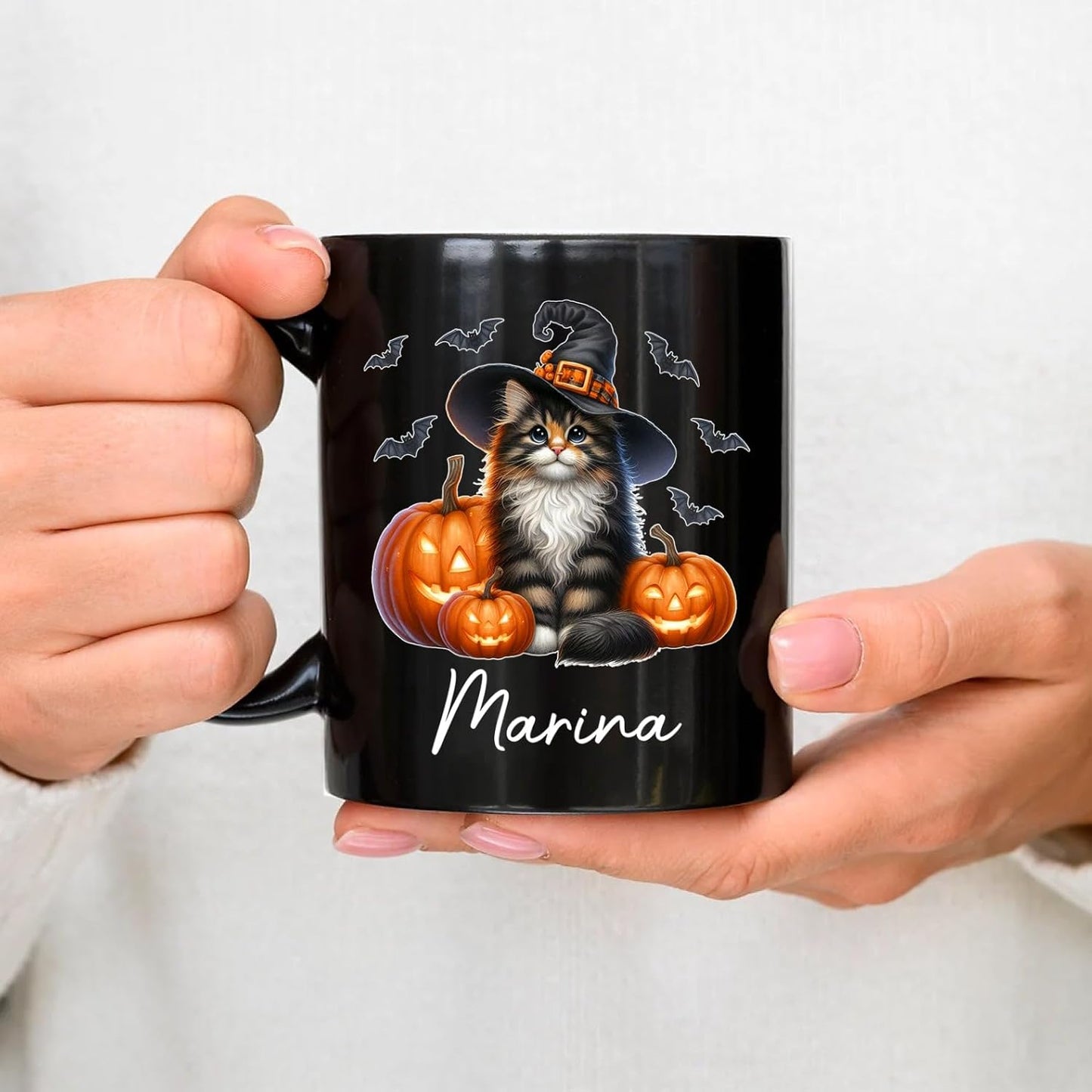 Personalized Name Norwegian Forest Halloween Coffee Mug, Custom Norwegian Forest Witch Hat Ceramic Cup, Cat with Pumpkins Mug 11oz 15oz, Halloween Cat Black Cup Gift for Boy Girl Pet Owner