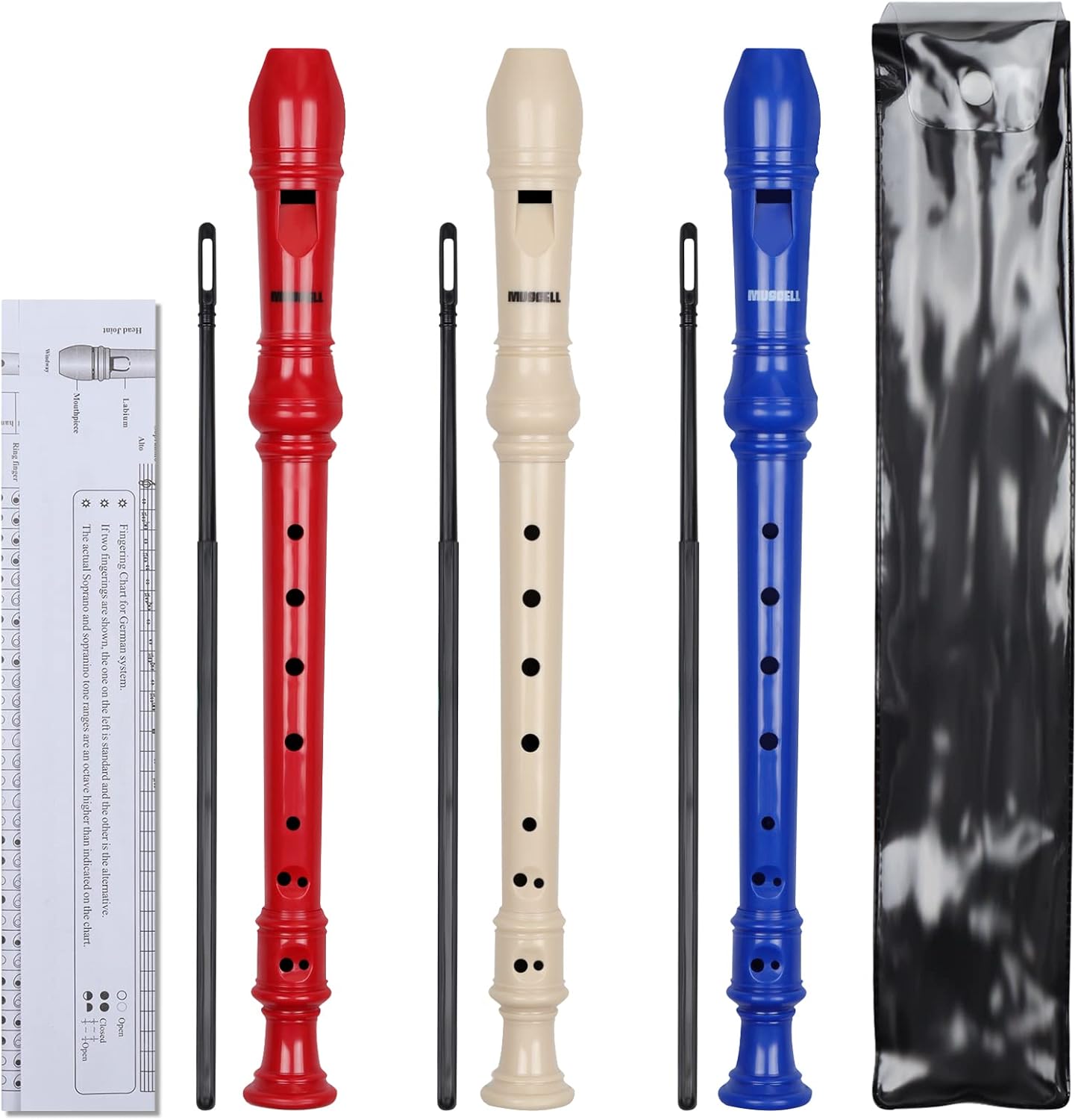 MUSCELL Recorder Instrument,8 Holes German Soprano Recorder Musical Instruments for Kids/Adults,3 packs(Natural,Blue,Red)