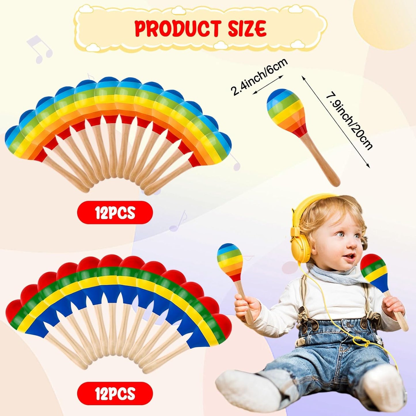 24 Pcs Maracas Hand Percussion Rattles 7.87 Inch Wooden Rumba Shaker Maracas for Adults Kids Maracas Musical Instrument Mexican Fiesta Wood Maracas(Mexican Color & Rainbow)