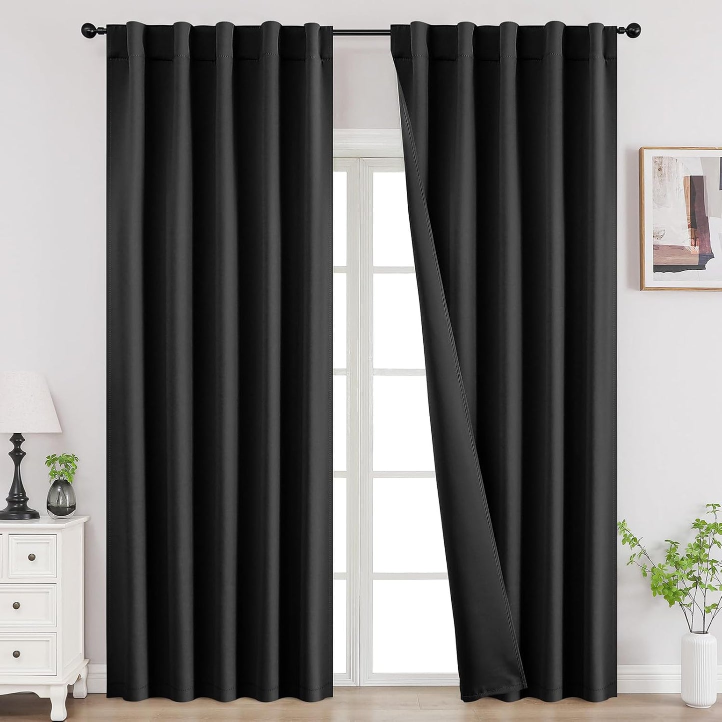 Joydeco Blackout Curtains for Bedroom, Black Out Curtains 108 Inch Long, Room Darkening Noise Reducing Wrinkle-Free Drapes, Black Curtains with Rod Pocket Back Tab 2 Panels (W52 x L108 Inch)