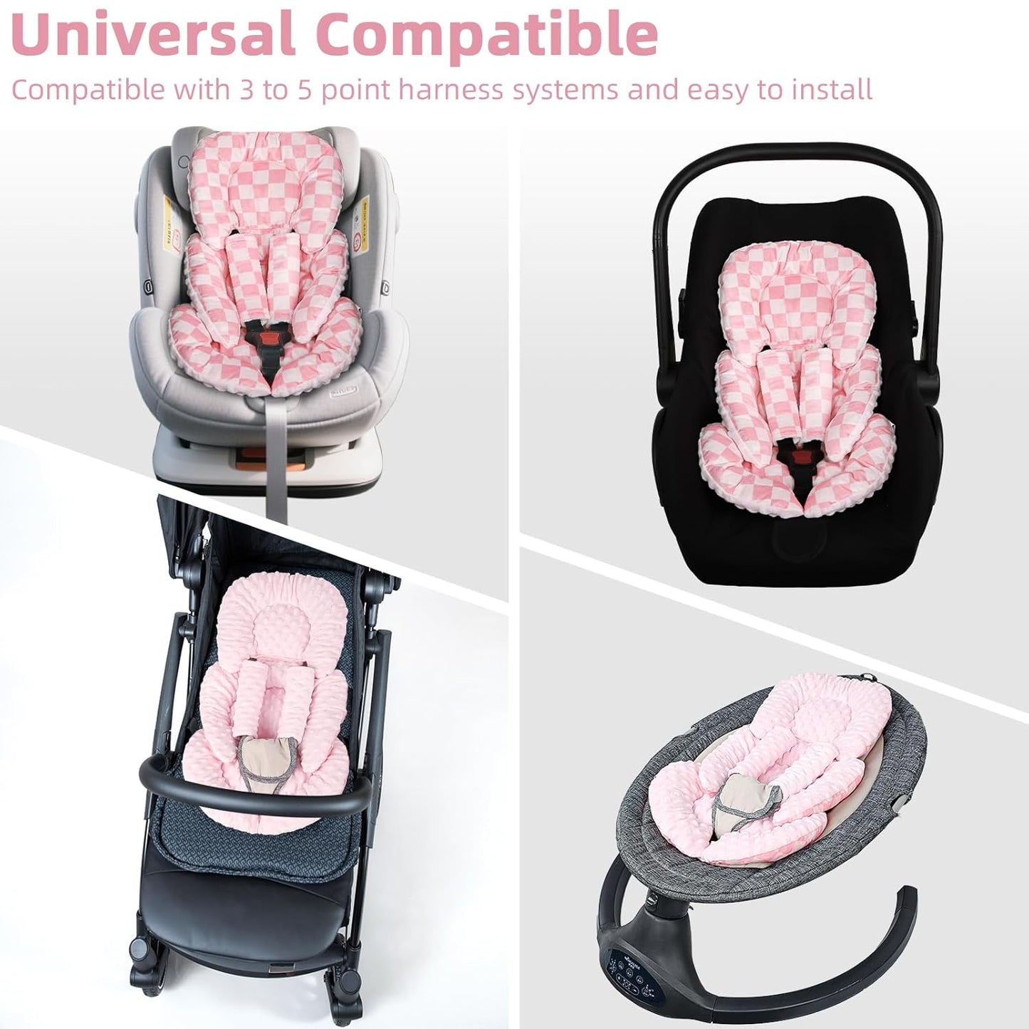 Infant Car Seat Insert Cushion, Baby Car Seat Head Body Support for Girls & Boys, Reversible Newborn Car Seat Insert with 2 Extra Strap Paddings, Premature Car Seat Cushion, Pink Checkerboard