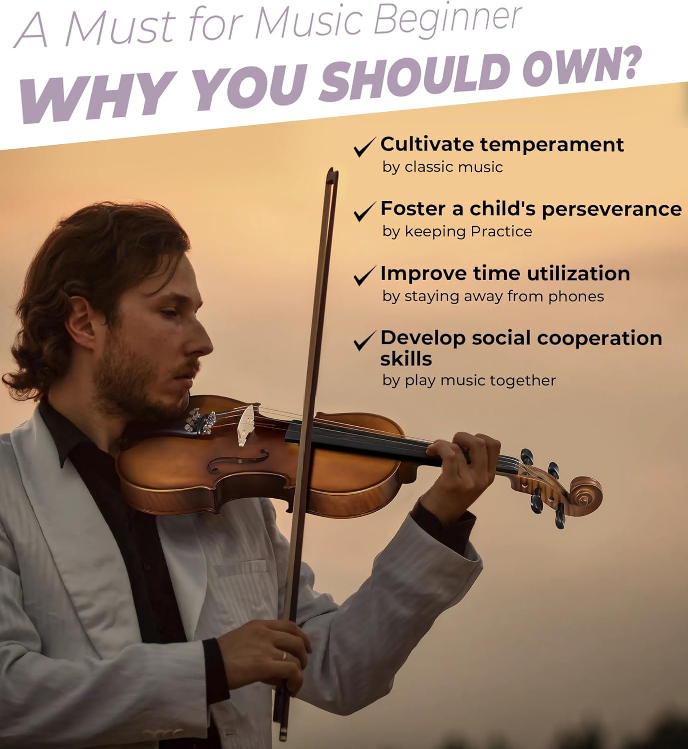 Vangoa Violin 4/4 Full Set Size, Fiddle Solid Spruce Wood Tiger Pattern for Professional Advanced Intermediate Beginners Adults Student Starter Acoustic Violins Kit Outfit Ebony Fittings, Hard Case