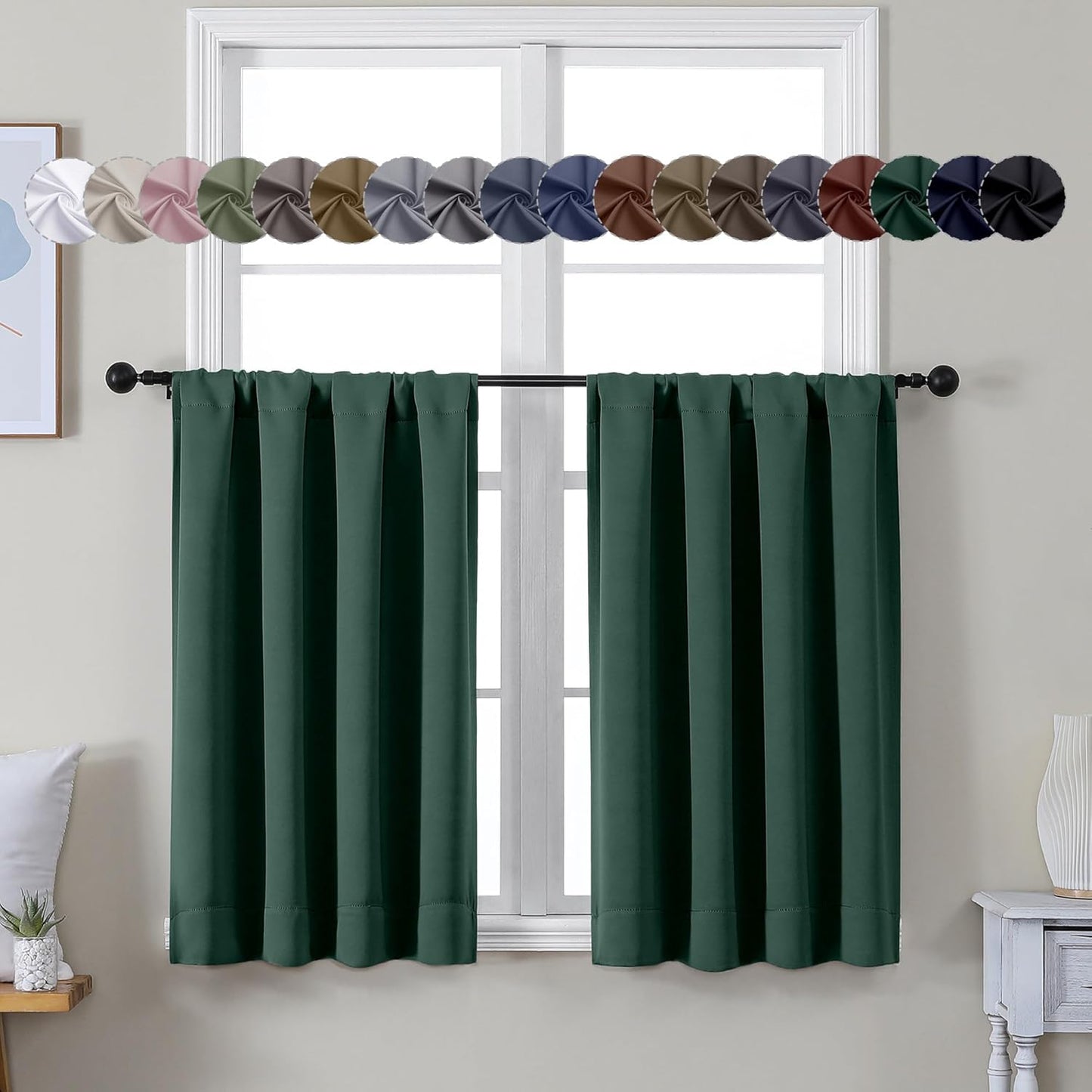 Simplebrand Ava Ever Green Short 36 Inches Blackout Curtain 2 Panels Set, Half Window Rod Pocket Privacy Curtain Tiers for Kitchen, Curtains Blackout for Bathroom Shades, W40 x L36 Inch, Ever Green