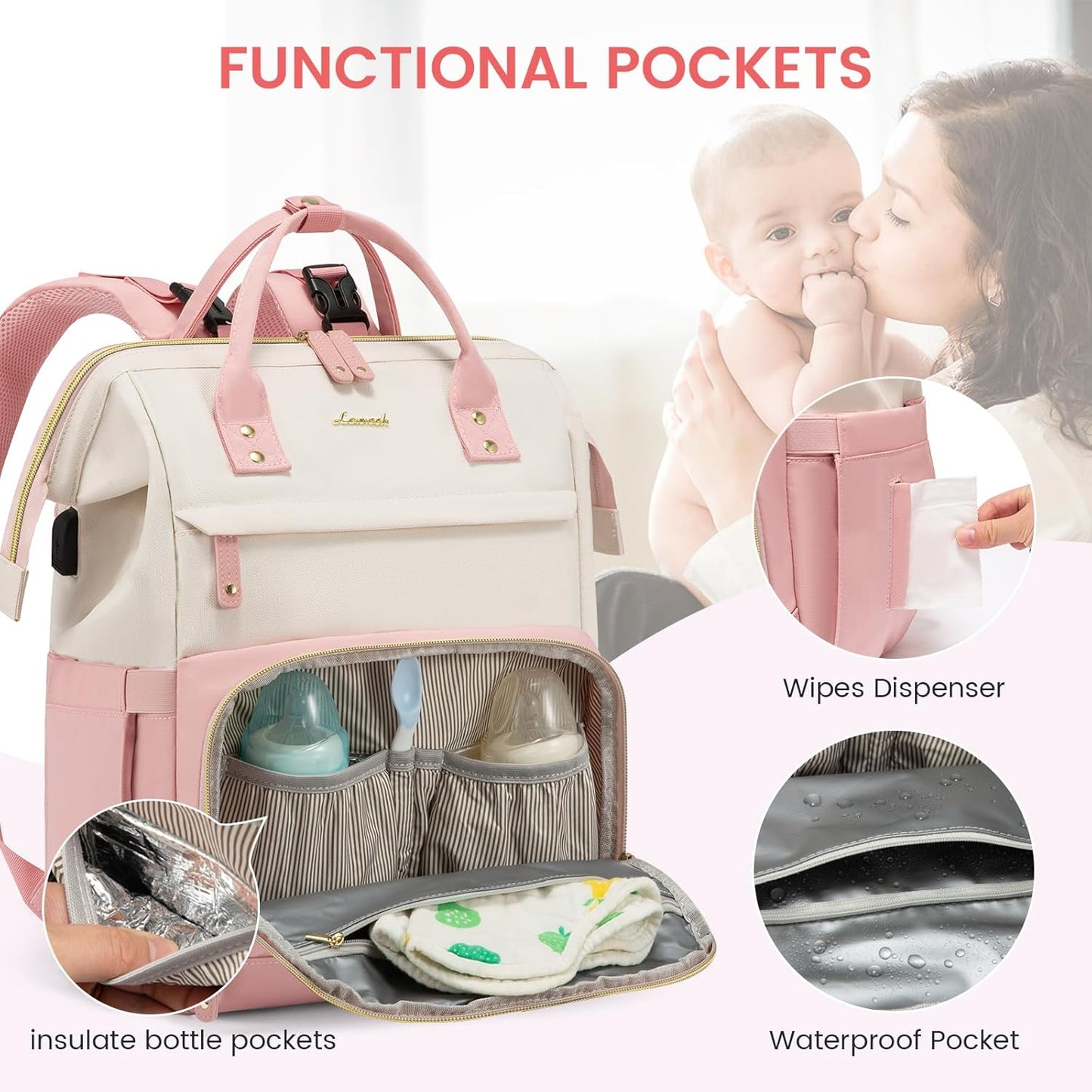 LOVEVOOK Diaper Bag Backpack, Baby Bag with Changing Station, Large Diaper Backpack for Moms Dads, Waterproof Leather Accents Baby Boy and Girl Bag for Travel Baby Essentials, Pink-Beige