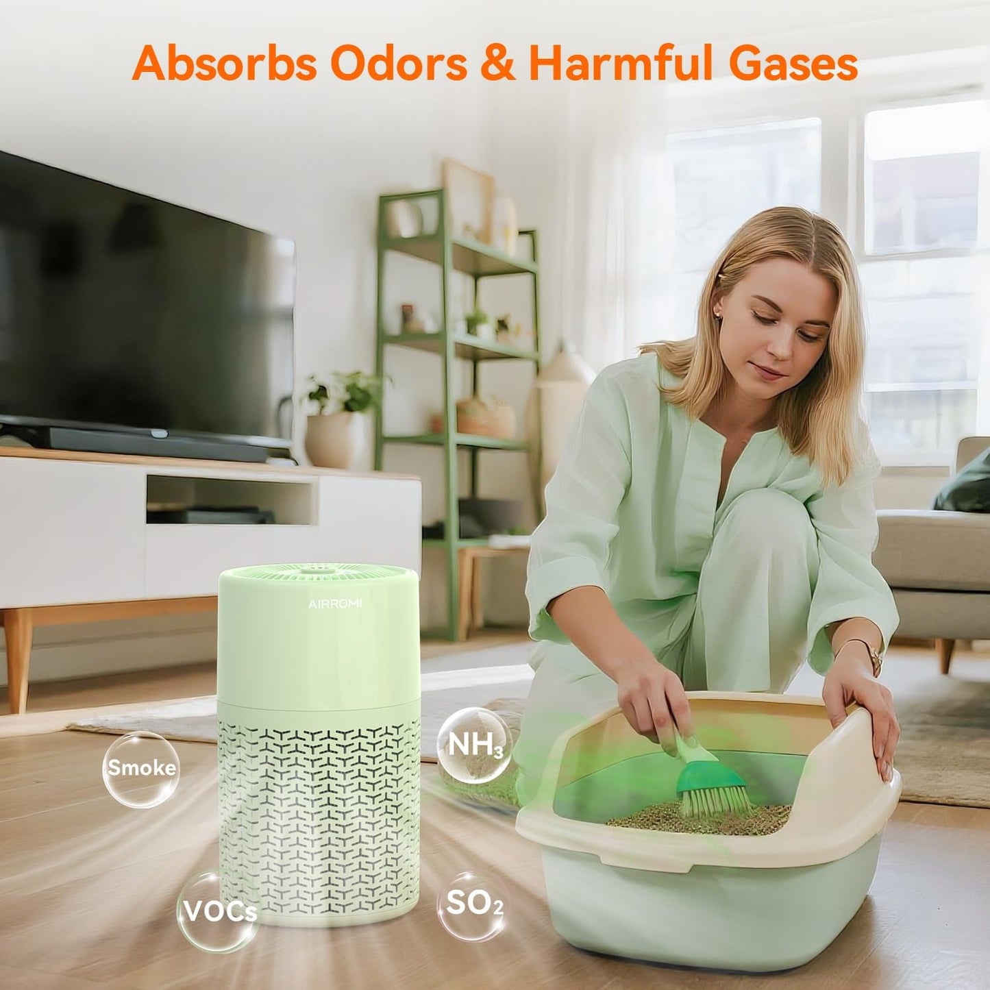 AIRROMI Pets Air Purifier for Home Allergies,Up to 660 ft².Yellow Deodorizing Activated Carbon Filter,With Fragrance Sponge for Better Sleep,Night Light,Pet Dander,Smoke,Odors,Air Cleaner A2002 Green