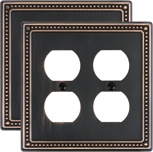 2-Pack Double Duplex Outlet Cover, Aged Bronze Metal Switch Plates and Outlet Covers, Pearls Decorative Wall Plates for Electrical Outlets, 2 Gang Receptacle Cover, Corrosion Resistant