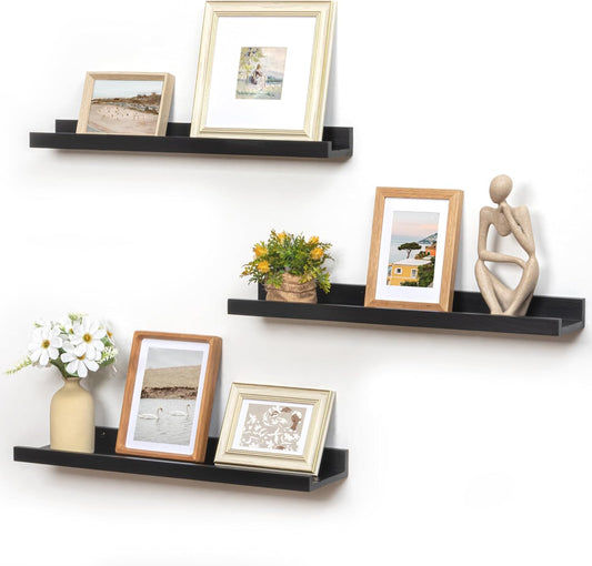 Picture Ledge Wall Shelves 24 inches Width Set of 3, Solid Pine Wood Rustic Floating Ledge Shelves for Kids' Room Bedroom Kitchen Bathroom Living Room Nursery Display Wall Decor, Black
