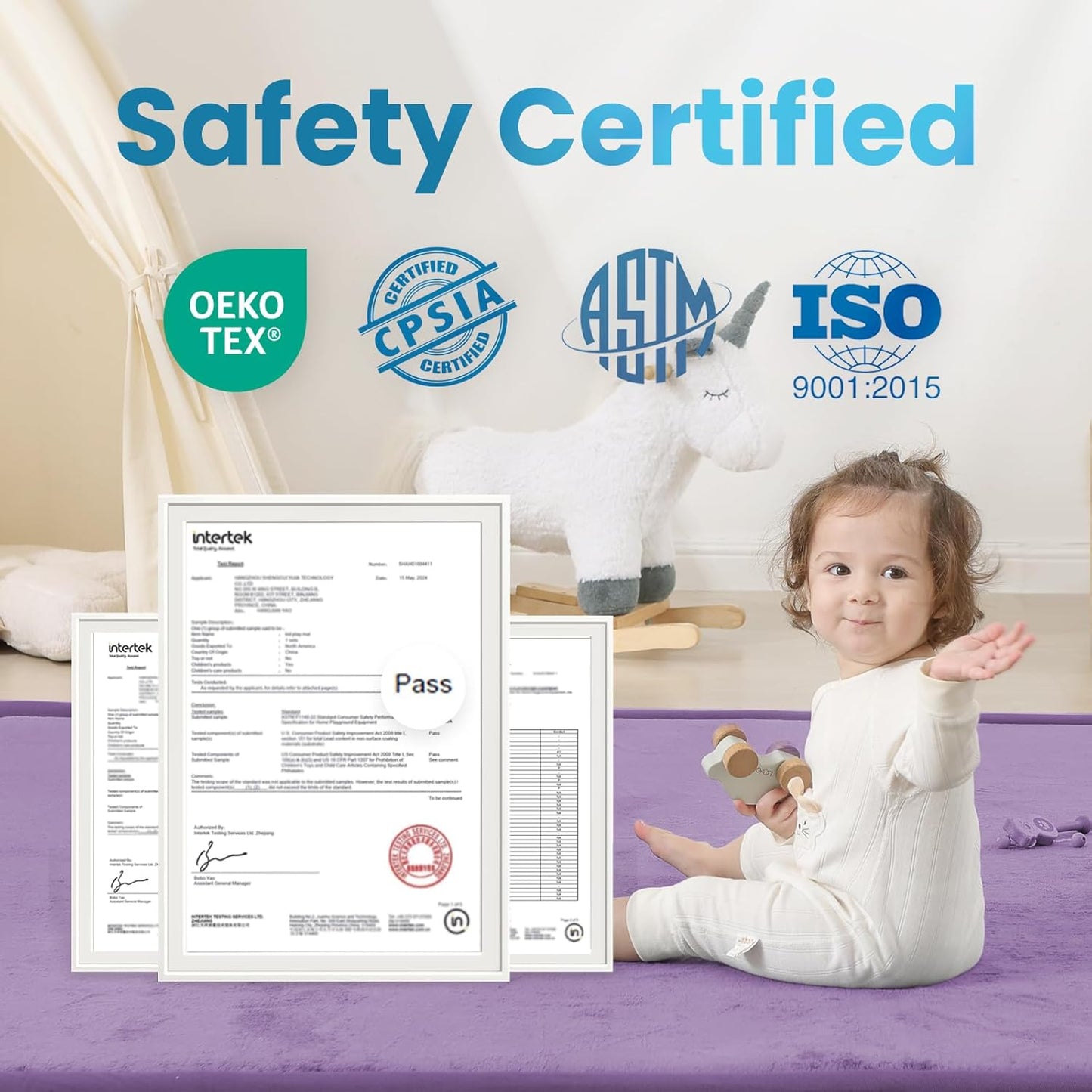 Ultra Soft Baby Play Mat,71"×79" Extra Large Activity Tummy Time Mat for Toddlers,Infants,Kids,1.3" Thick Elasti-Foam Nursery Rug for Floor,Non-Slip Safe for Crawling,Water-Repellent(Lavender)