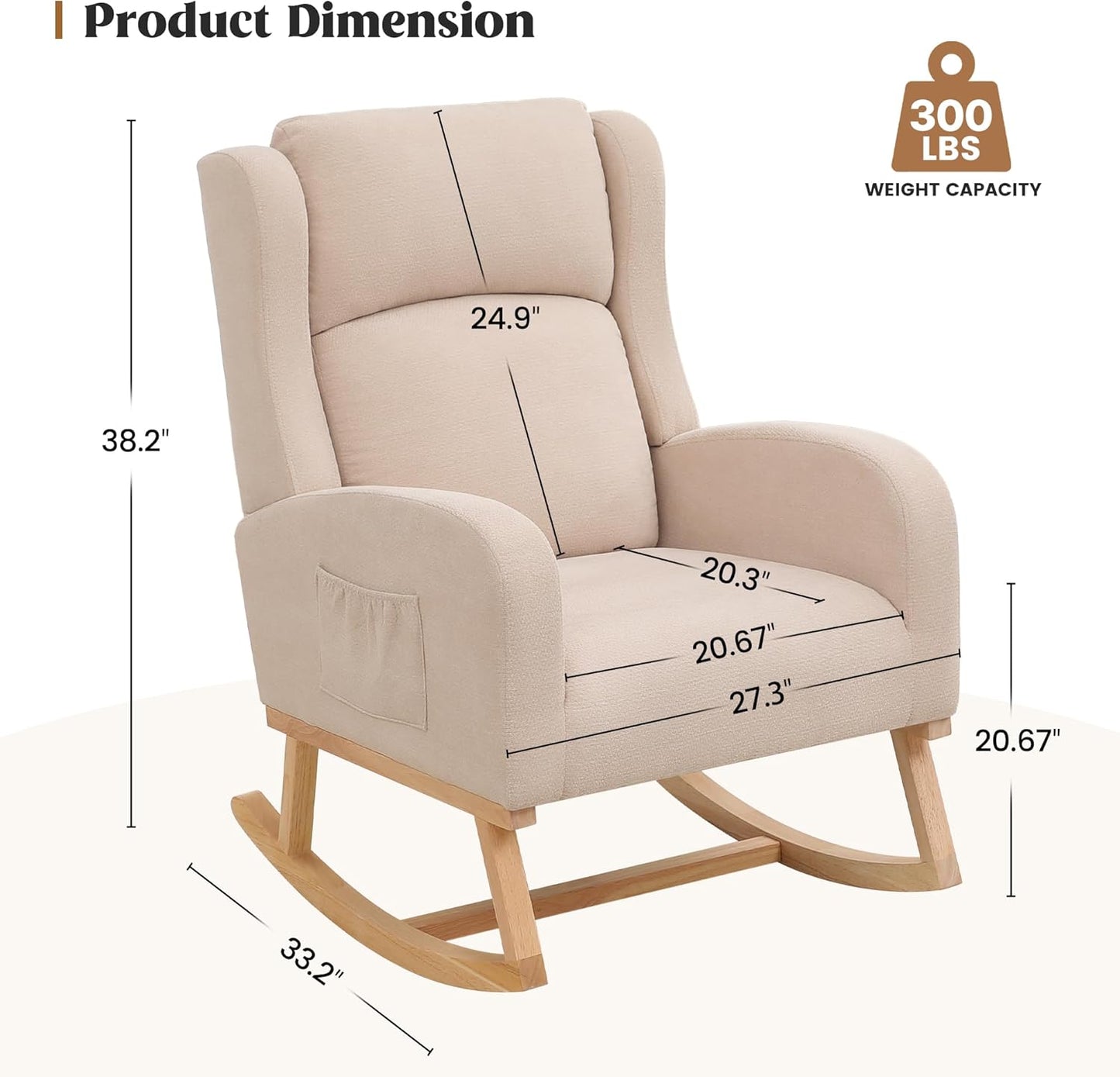 Rocking Chair Nursery, Nursing Rocking Chairs for Mom Nursery, Comfy Wingback Glider Rocking Armchair with Side Pocket for Nursery Living Room Bedroom, Khak