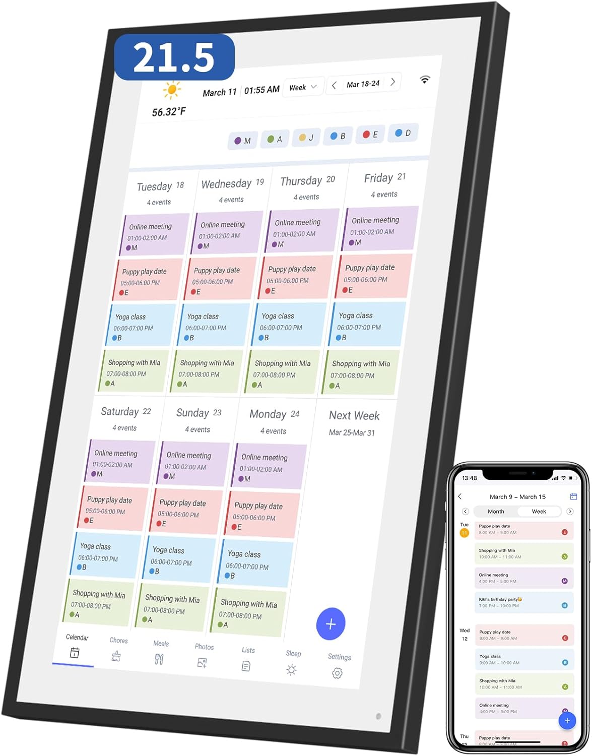21.5 Inch Digital Calendar, Electronic Chore Chart, Smart Weekly and Monthly Planner 1920 * 1080P IPS Touchscreen Wall and Desk Calendar for Family Schedules, Black