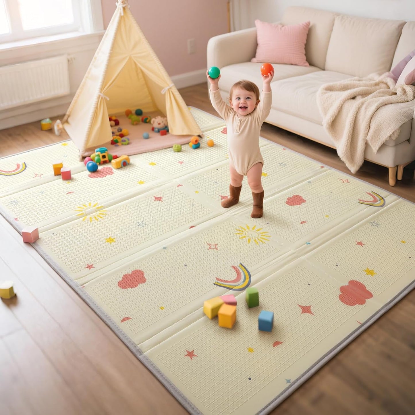Extra Large Foldable Play Mat, Reversible Baby Play Mat with Edge Reinforcement, Non-Toxic & Waterproof Baby for Floor, Foam Playmat with Travel Bag, Rainbow, Cloud & Moon, 71"x59"