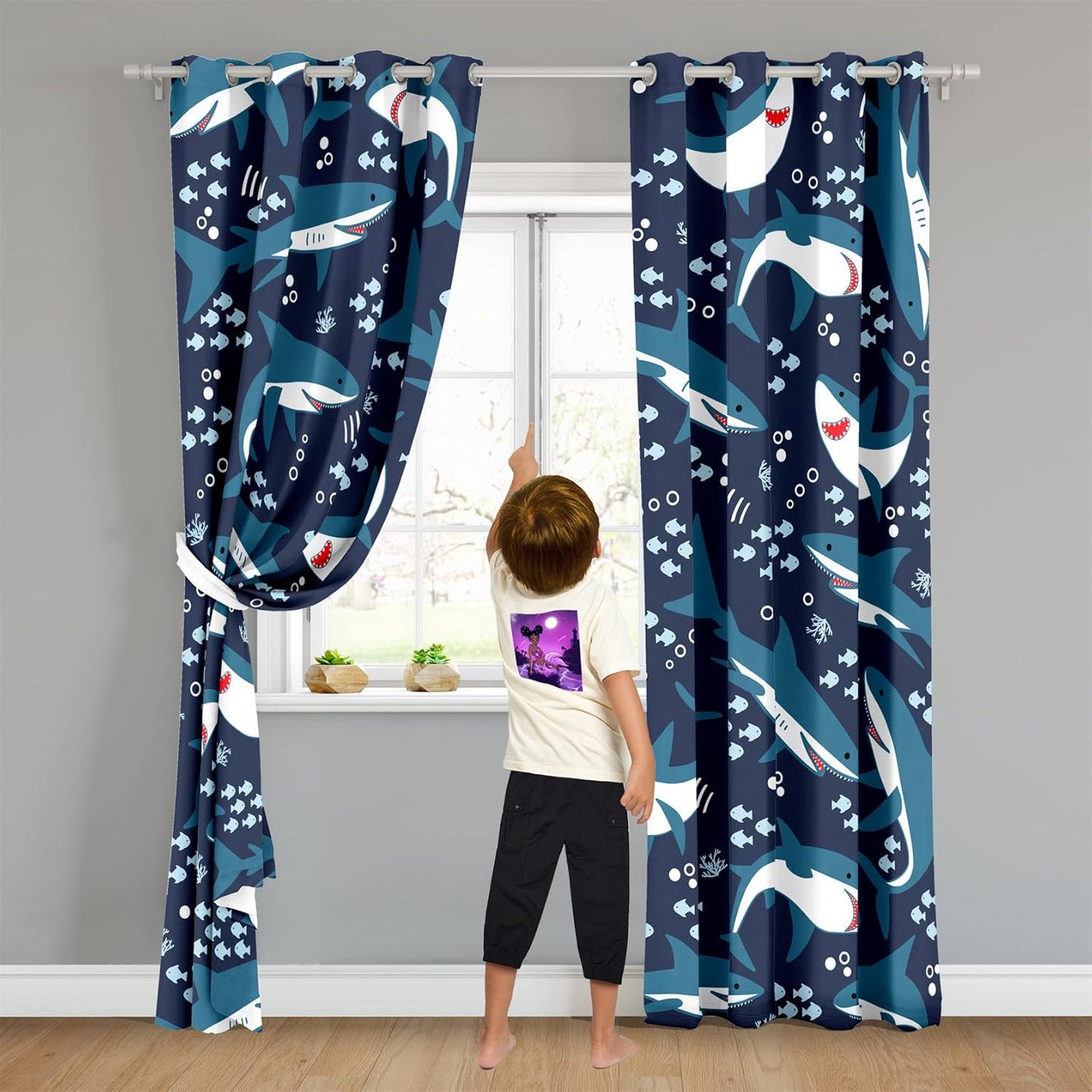 Cartoon Shark Blackout Curtain Panels Curtains Blue Curtains for Boys Bedroom Grommet Top Window Treatment 2 Panels Drapes Kids Room Decor Navy Blue Curtains 84 Inch Length, 82''x84''