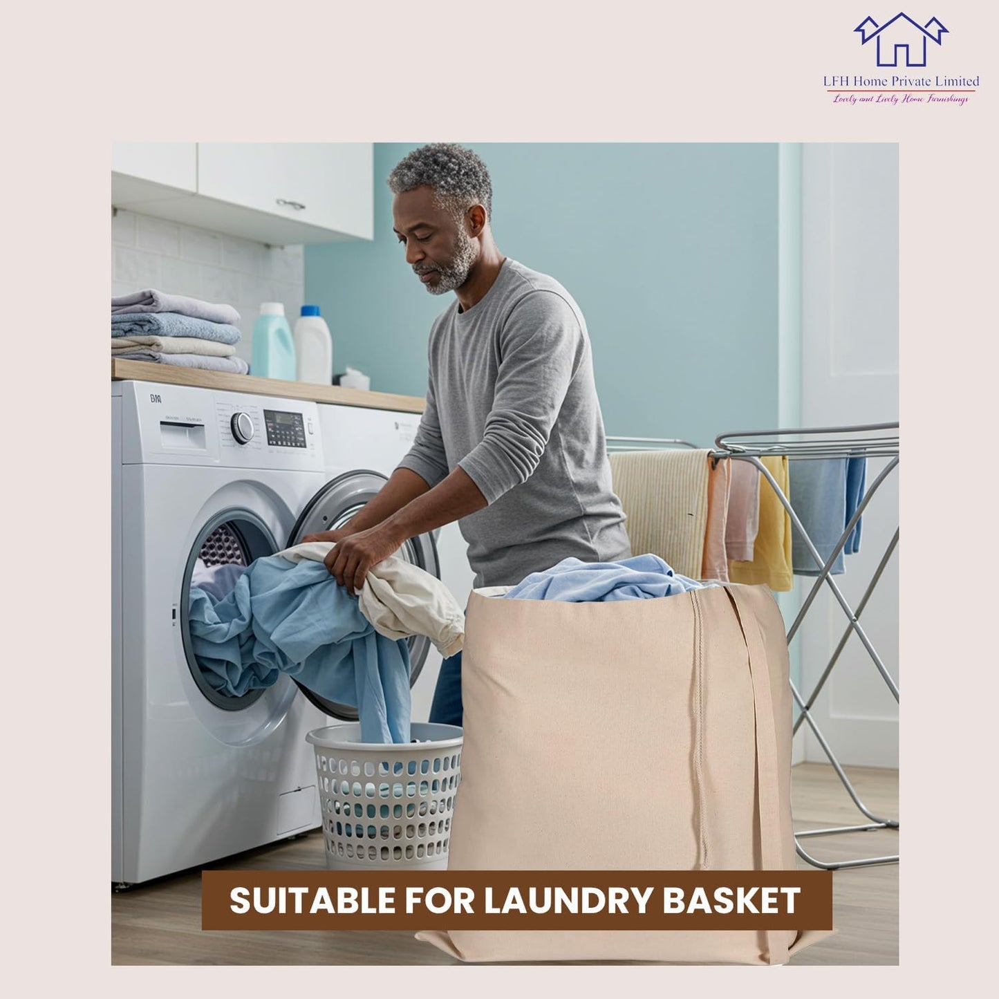 LFH Home Cotton Canvas Large Laundry Bag with Handle, Heavy Duty Drawstring Closure Washable Laundry Bags School Travel, Home, Hotel, College Dorm, Organizer Sack, Toys Clothes 20x30-Natural