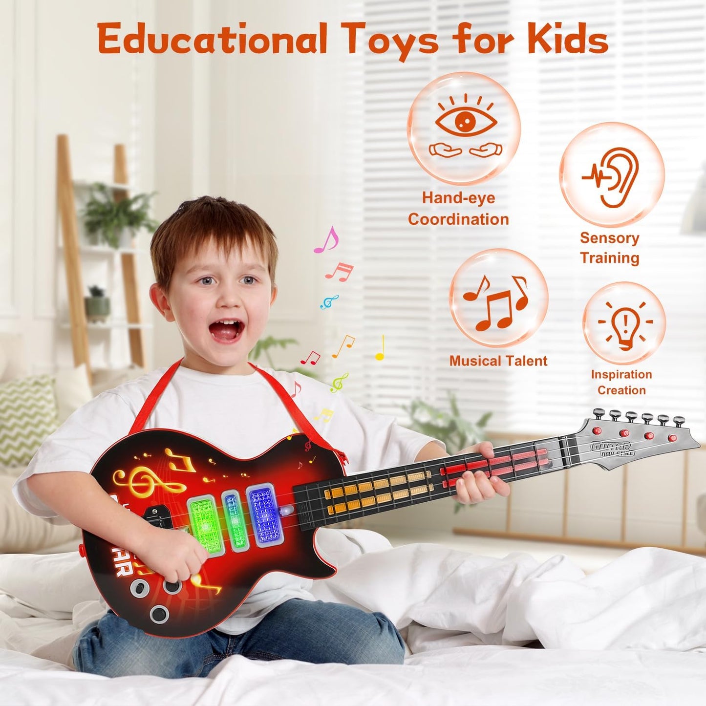 M SANMERSEN Kids Guitar Toddler Toys Guitar for Kids 3 4 5 Year Old Electric Musical Toy Guitars with 4 Strings Strap Light Up Boys Girls Gifts