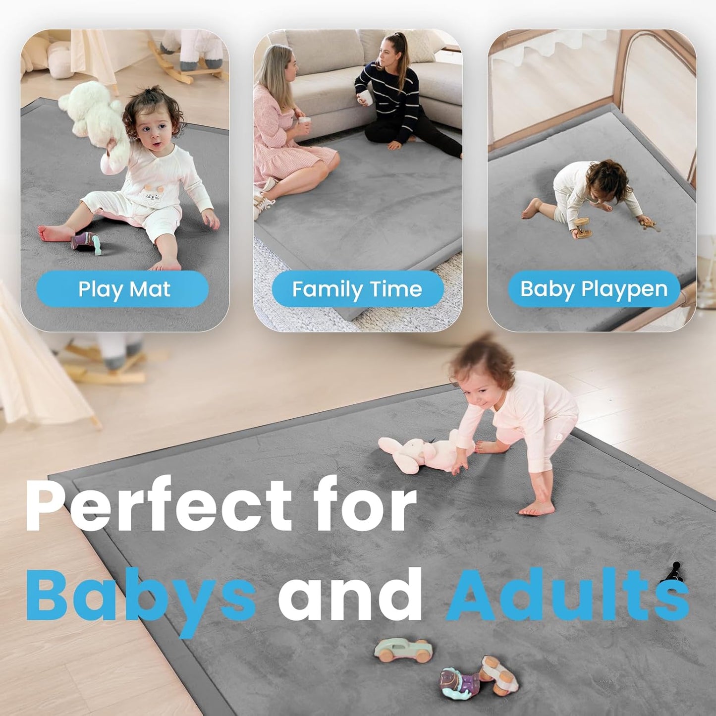 Ultra Soft Baby Play Mat,1.3" Thick Elasti-Foam 59"×71" Playpen Mat for Infants,Toddlers,Kids,Water-Repellent Coral Fleece Nursery Rug,Non-Slip Safe for Tummy Time&Crawling(Dark Grey)